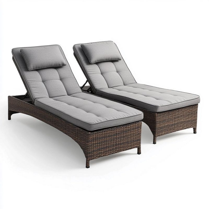 Transat en Résine Tressée Marron/Gris 200x65 cm Réglable avec Coussin Chaise Longue de Jardin