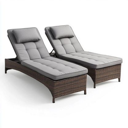 Transat en Résine Tressée Marron/Gris 200x65 cm Réglable avec Coussin Chaise Longue de Jardin