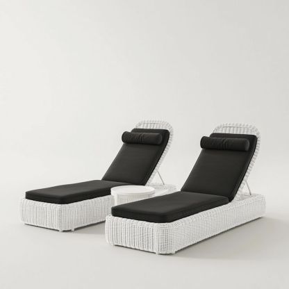 ChaiseChaise longue de jardin réglable 2 places avec coussins confortables, 200 cm, rotin blanc/noir Longue de Jardin Réglable Coussins Confortables 200 cm Blanc/Noir Rotin