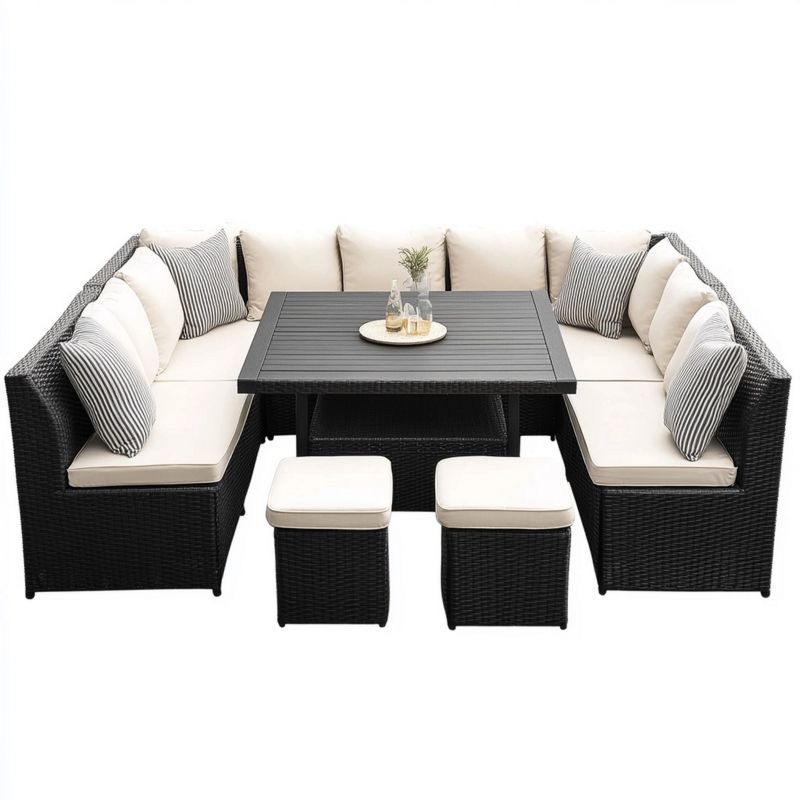 Ensemble de salon de jardin en résine tressée noire et beige pour extérieur, avec table et coussins inclus