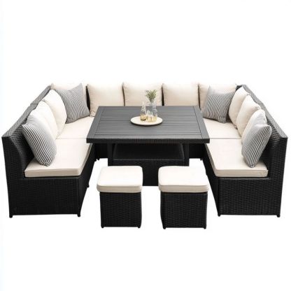 Ensemble de salon de jardin en résine tressée noire et beige pour extérieur, avec table et coussins inclus