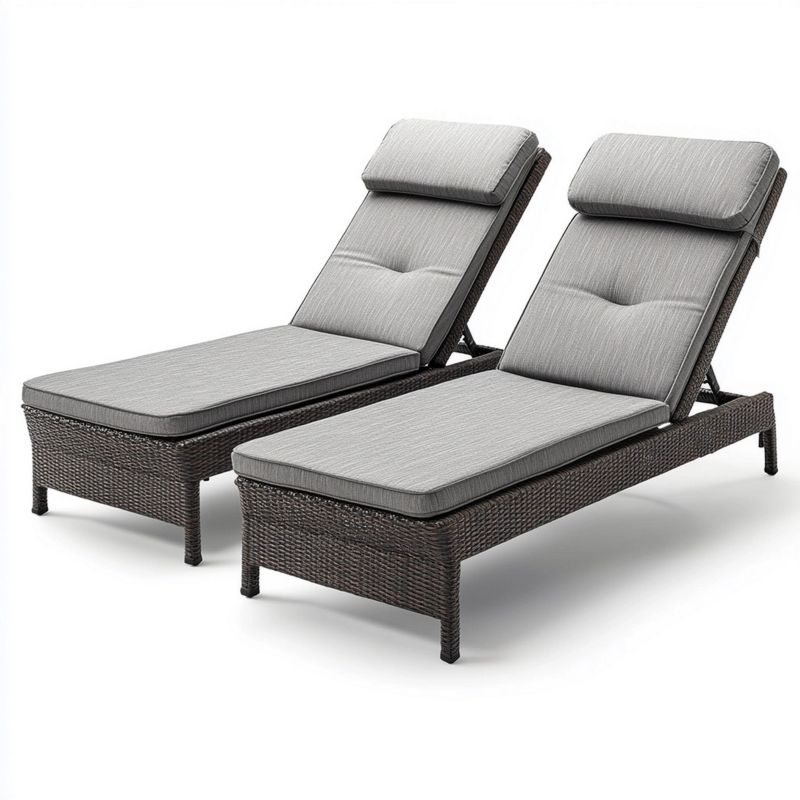 Chaise longue de jardin réglable en rotin tressé gris et noir, 2 places, 200 cm, confortable pour l'extérieur