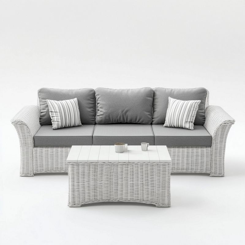 Canapé d'Extérieur Gris/Blanc 3 Places Résine Tressée avec Coussin