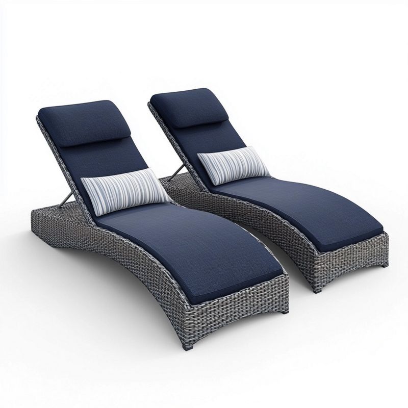 Transat de Jardin Réglable avec Coussin et Oreiller 200x65x35 cm Gris/Bleu Rotin Synthétique