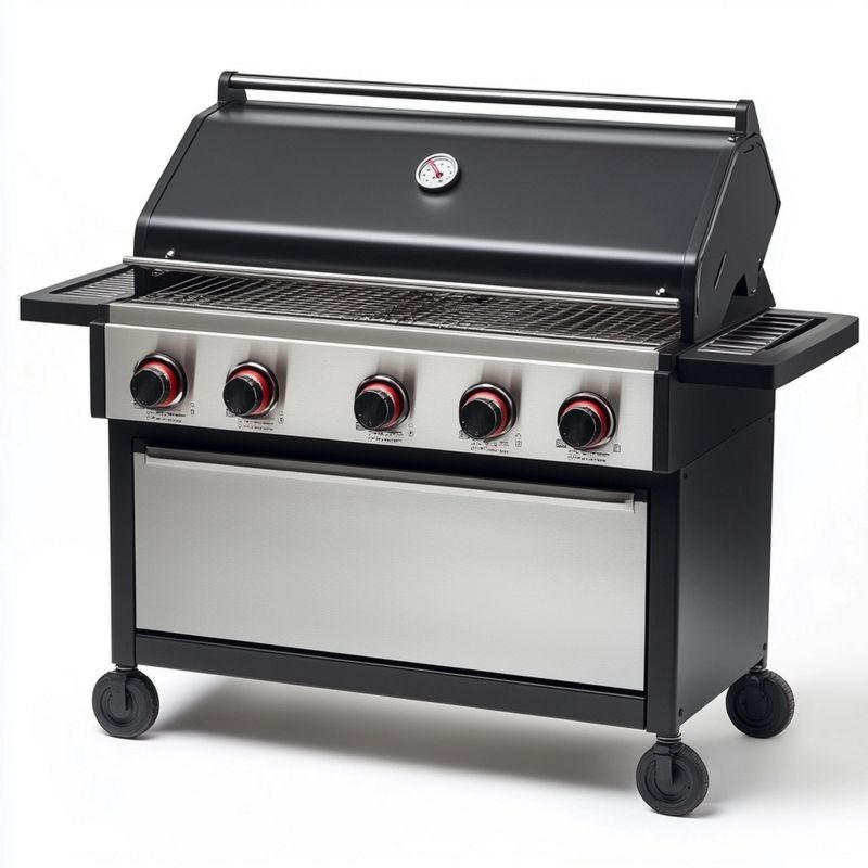 Barbecue à Gaz Noir/Acier 5 Brûleurs avec Thermomètre Extérieur