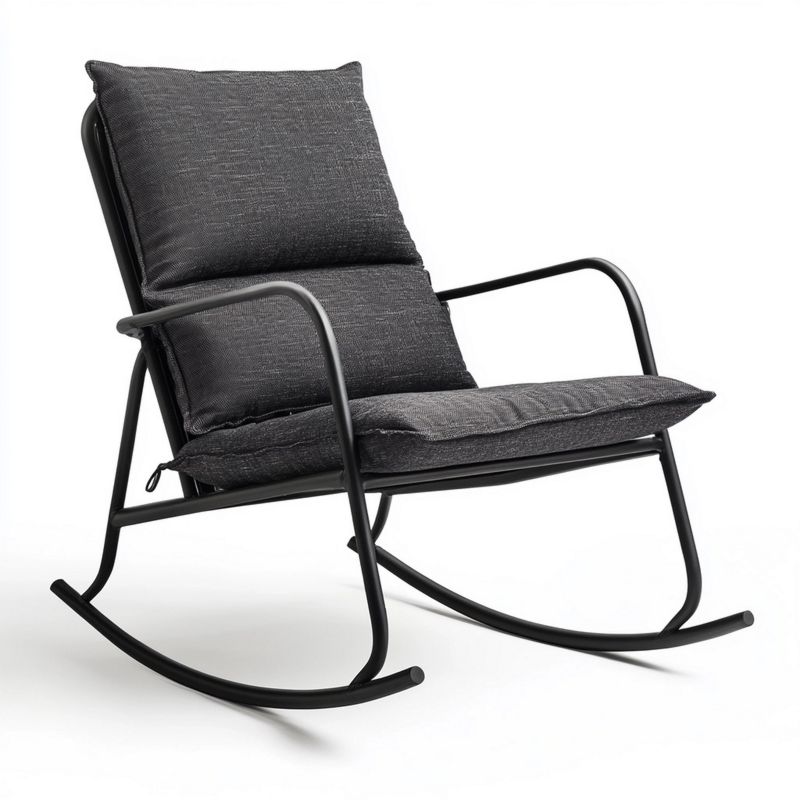 Fauteuil à bascule avec accoudoirs gris 80x85x100 cm, coussin confortable, structure en métal, usage intérieur/extérieur