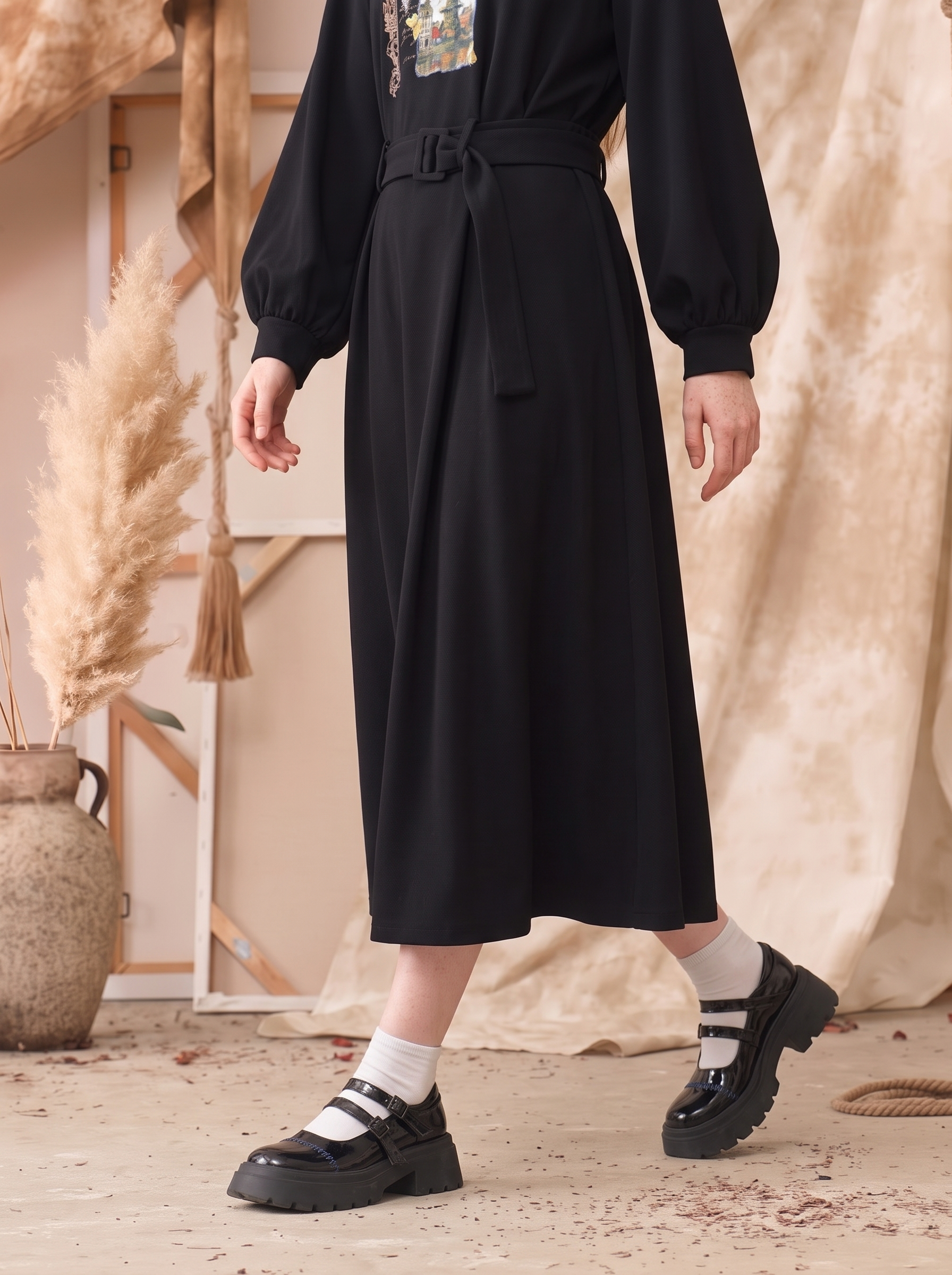 Sailor Collar Printed Waist-Defining Dress-LYONSENS