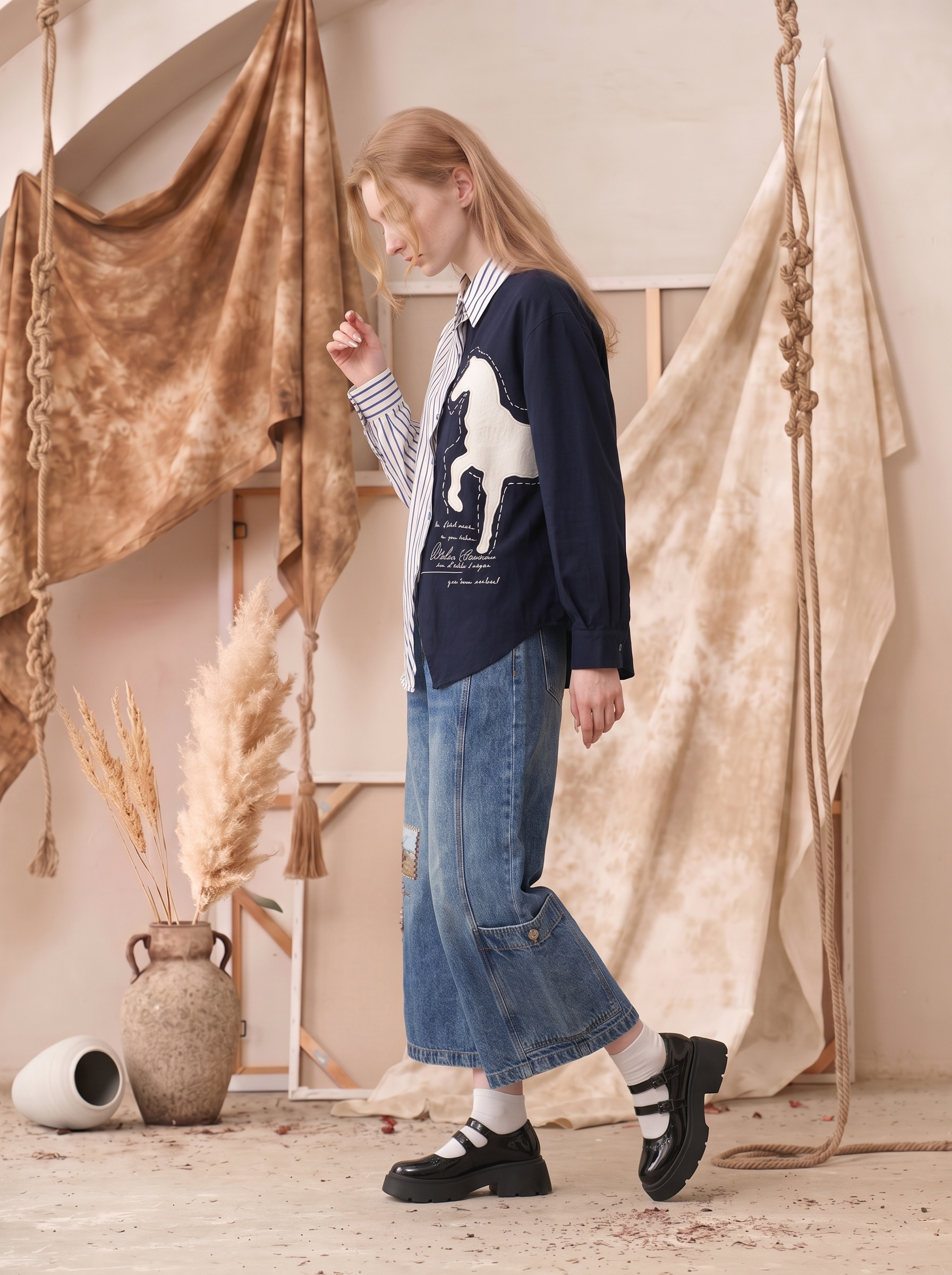 Patchwork Long Sleeve Cropped Shirt-LYONSENS