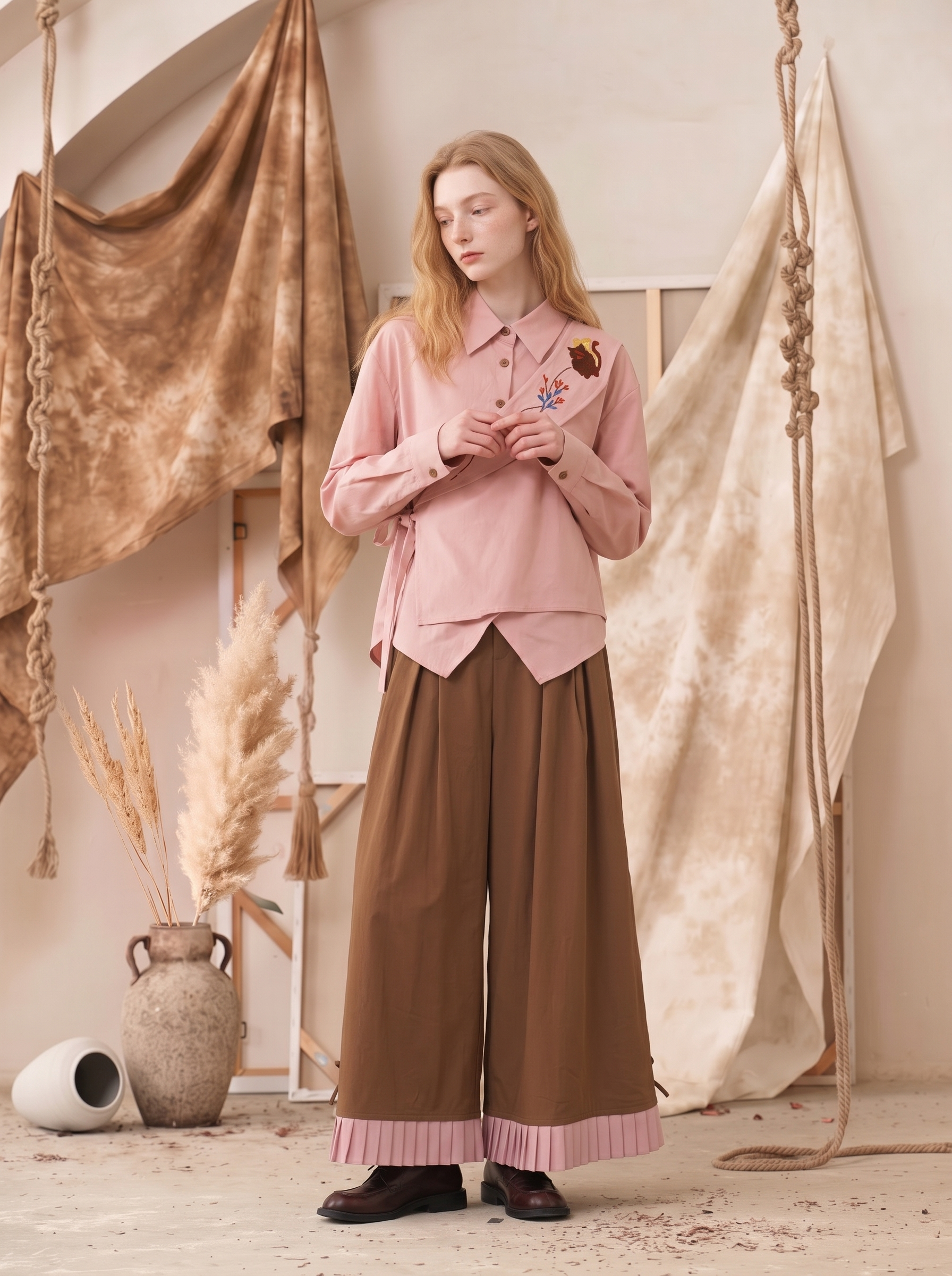 Turn-Down Collar Shirt and Lace-Trimmed Skirt Two-Piece Set-LYONSENS