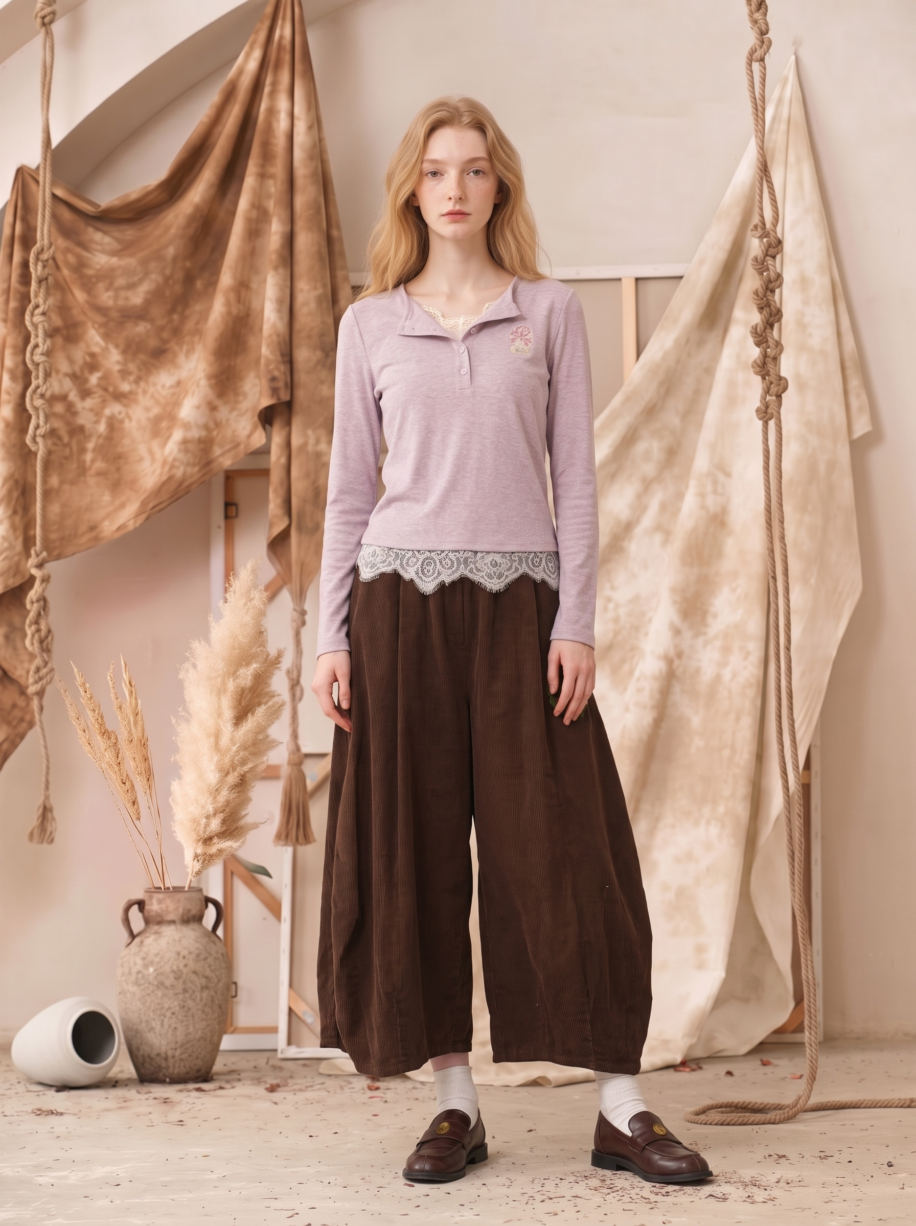 Vintage Turn-Down Collar Cropped Long Sleeve T-Shirt-LYONSENS