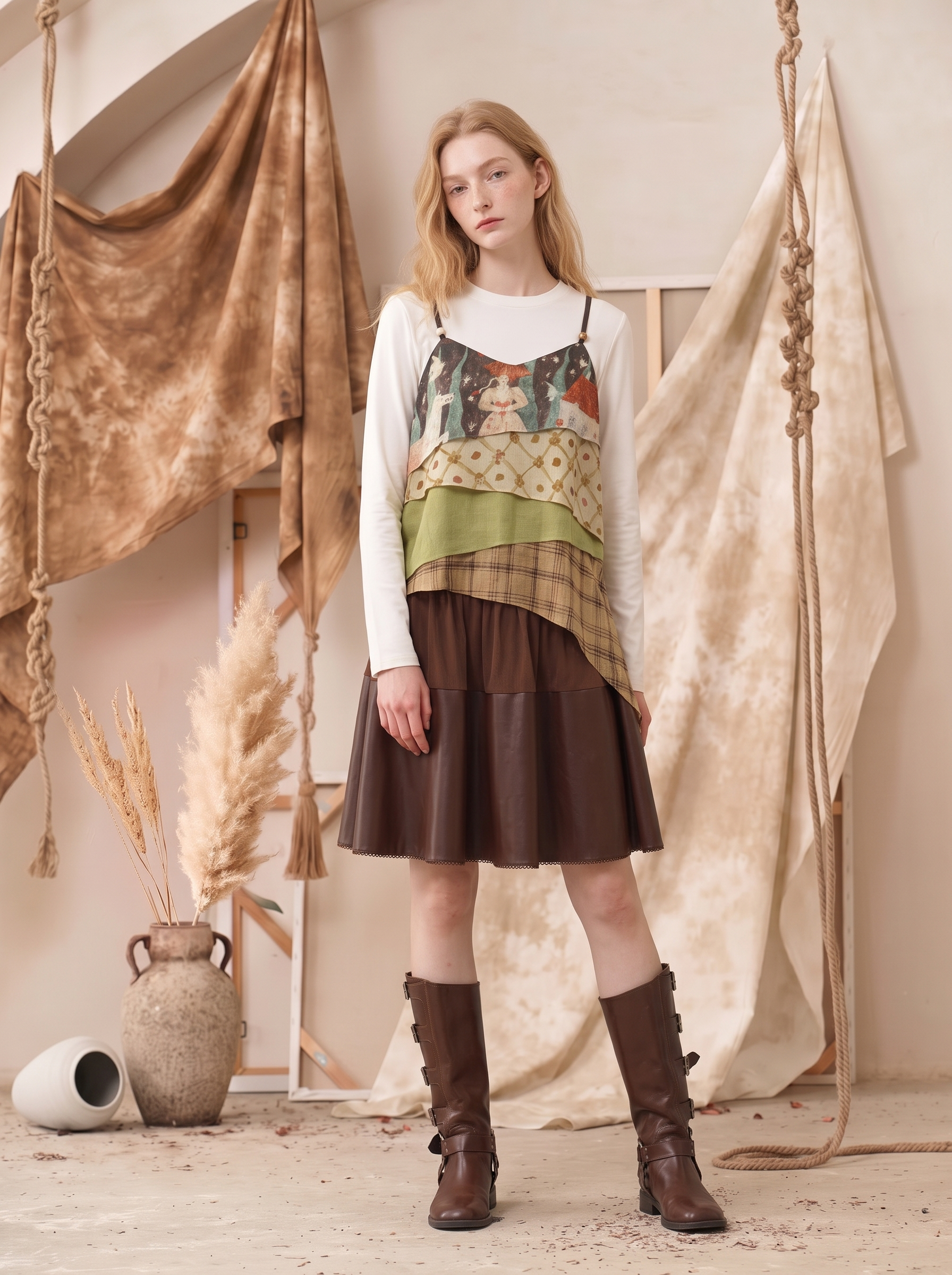 Floral Spaghetti Strap Layered Two-Piece Look Long Sleeve T-Shirt-LYONSENS
