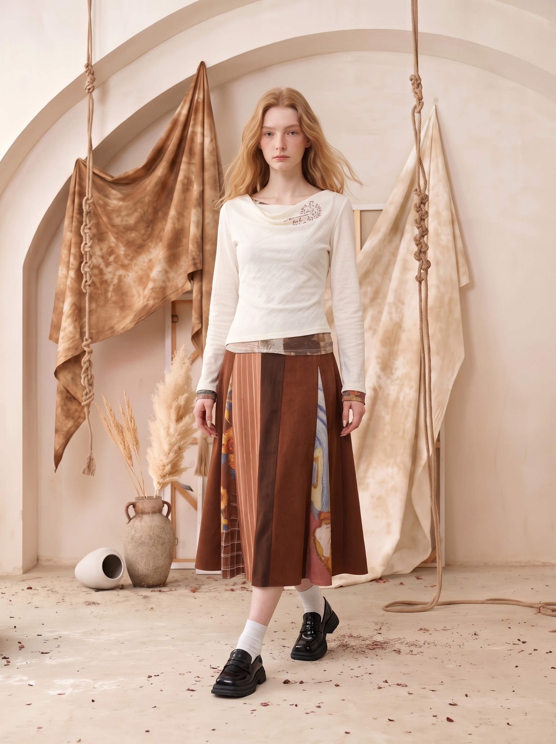 Brown-Toned Patchwork Slit Skirt-LYONSENS