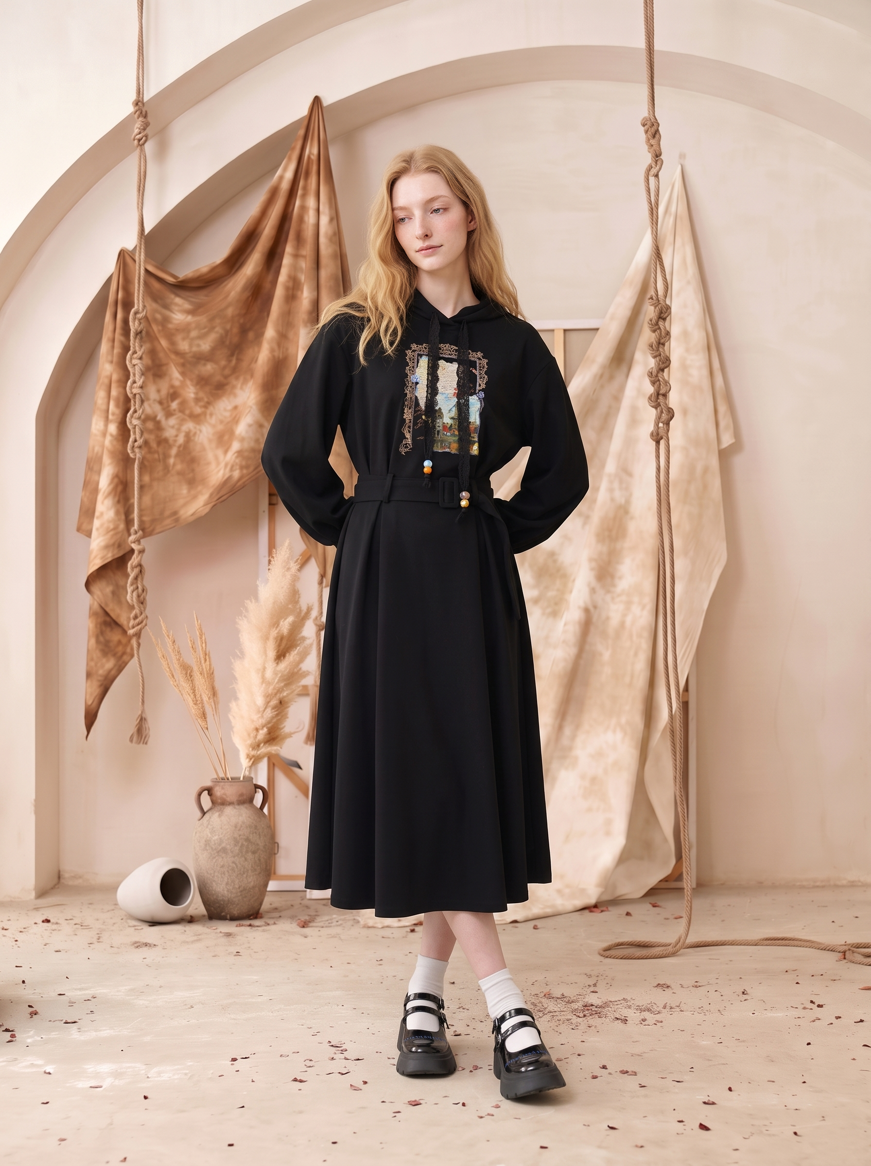 Sailor Collar Printed Waist-Defining Dress-LYONSENS