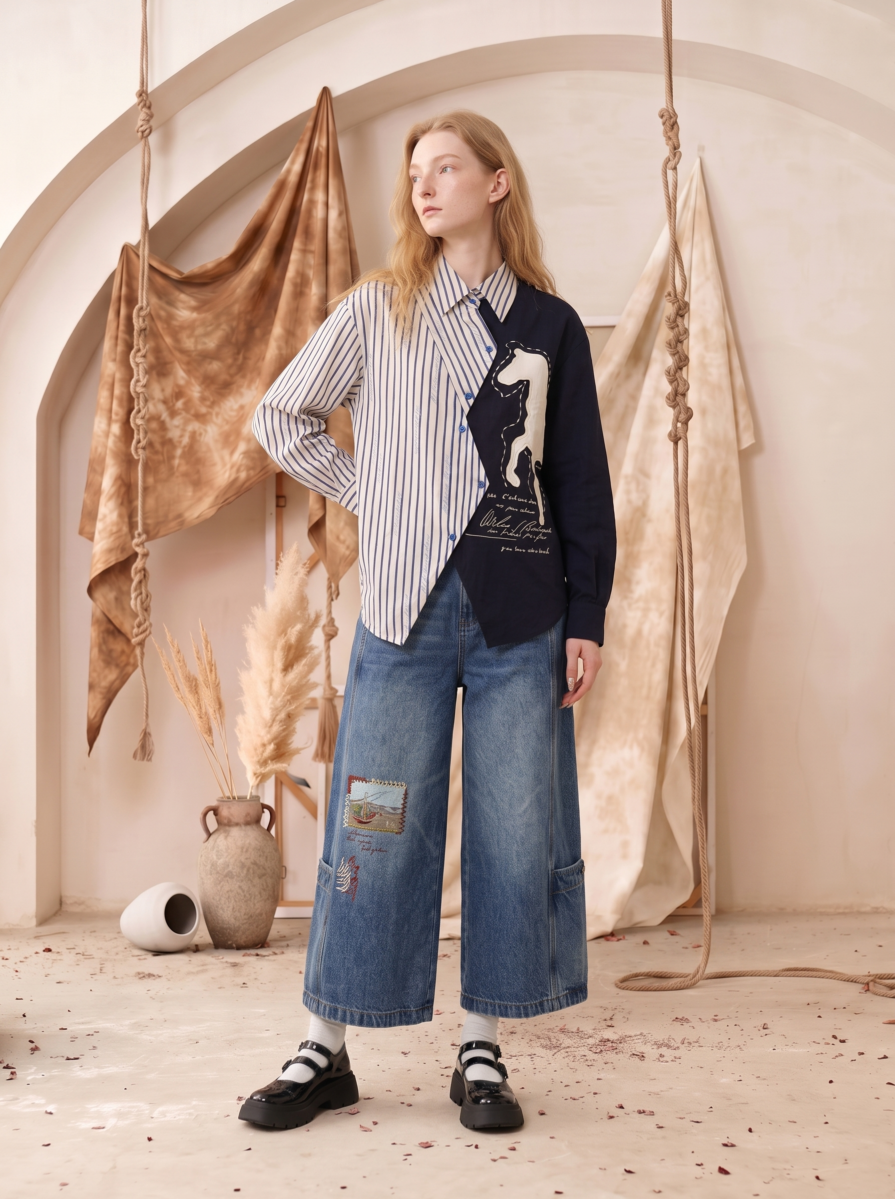 Patchwork Long Sleeve Cropped Shirt-LYONSENS