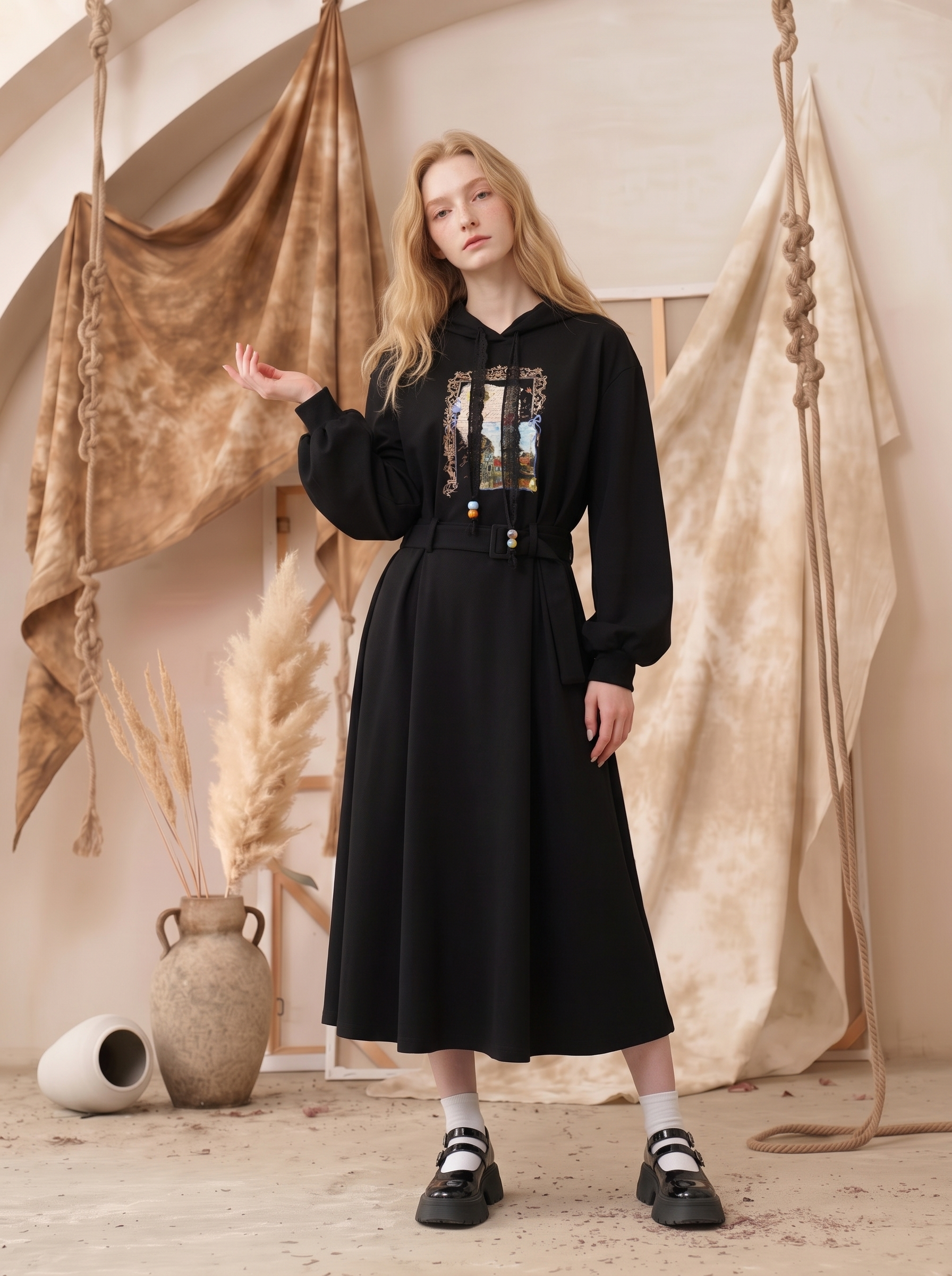 Sailor Collar Printed Waist-Defining Dress-LYONSENS