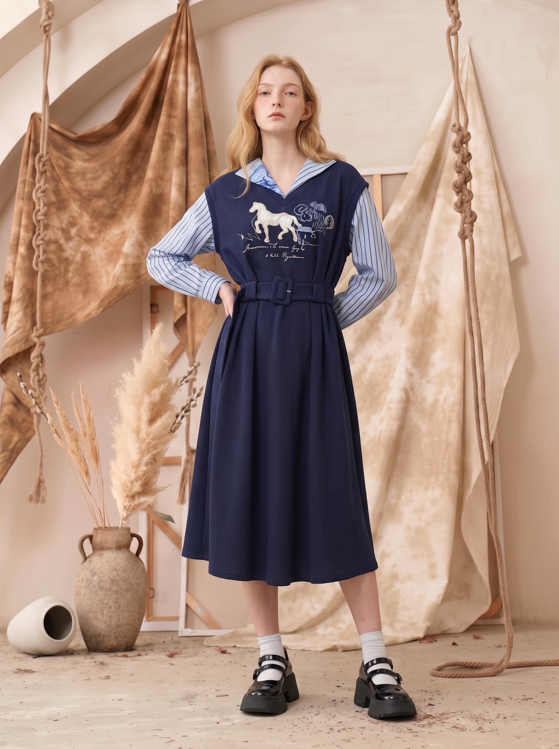Embroidered Sailor Collar Dress-LYONSENS