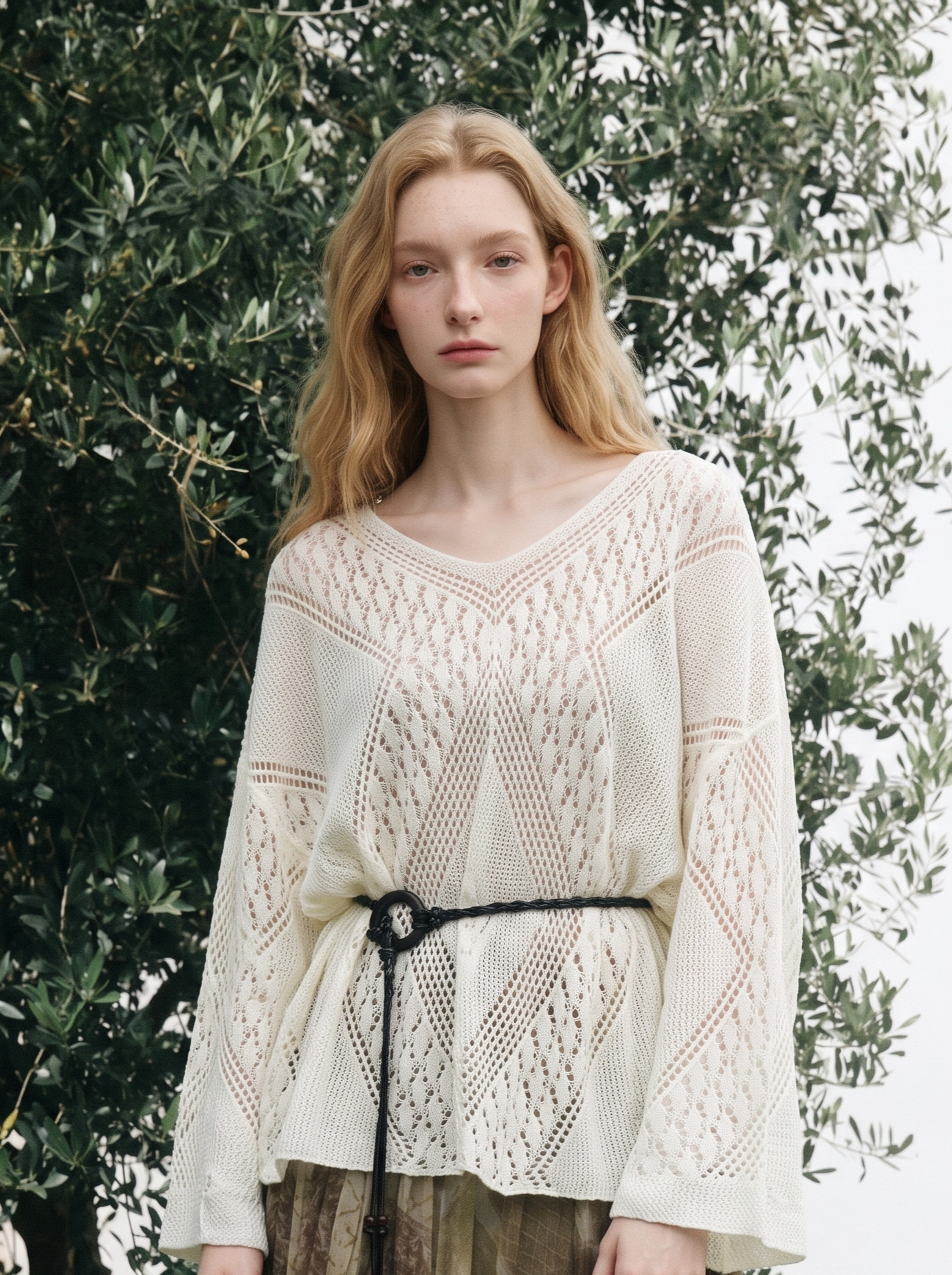 Vintage-style openwork long-sleeve knit sweater-LYONSENS