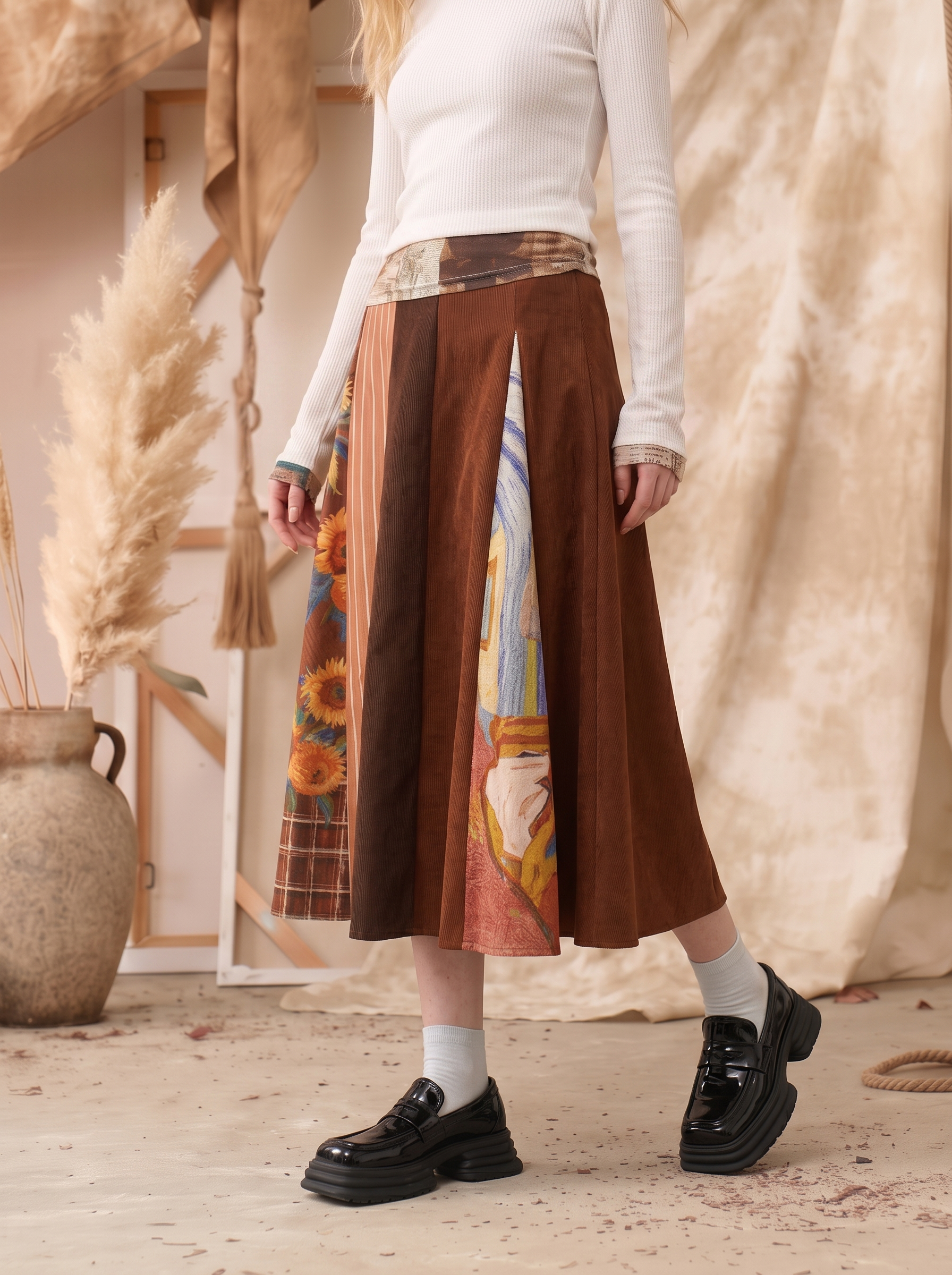 Brown-Toned Patchwork Slit Skirt-LYONSENS