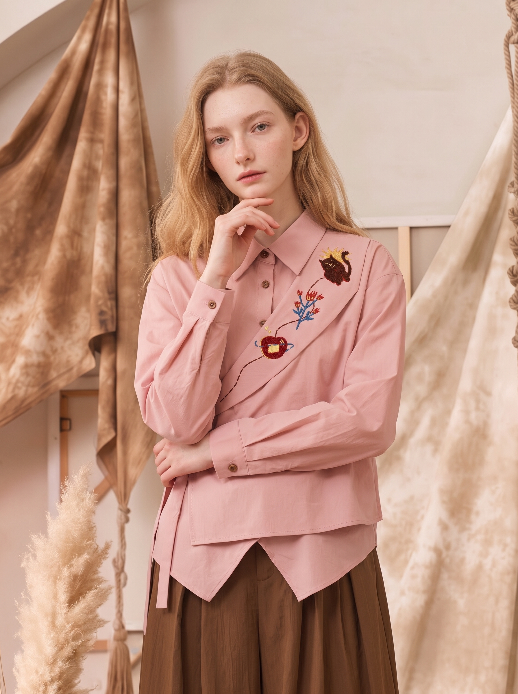 Turn-Down Collar Shirt and Lace-Trimmed Skirt Two-Piece Set-LYONSENS