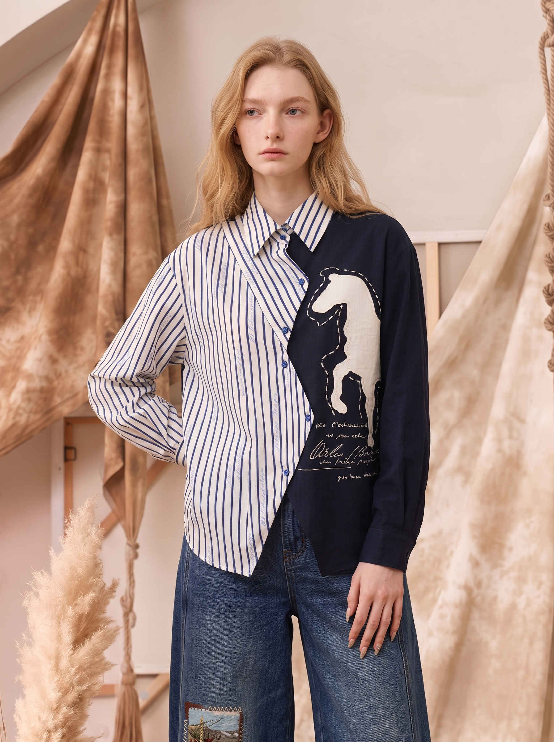 Patchwork Long Sleeve Cropped Shirt-LYONSENS