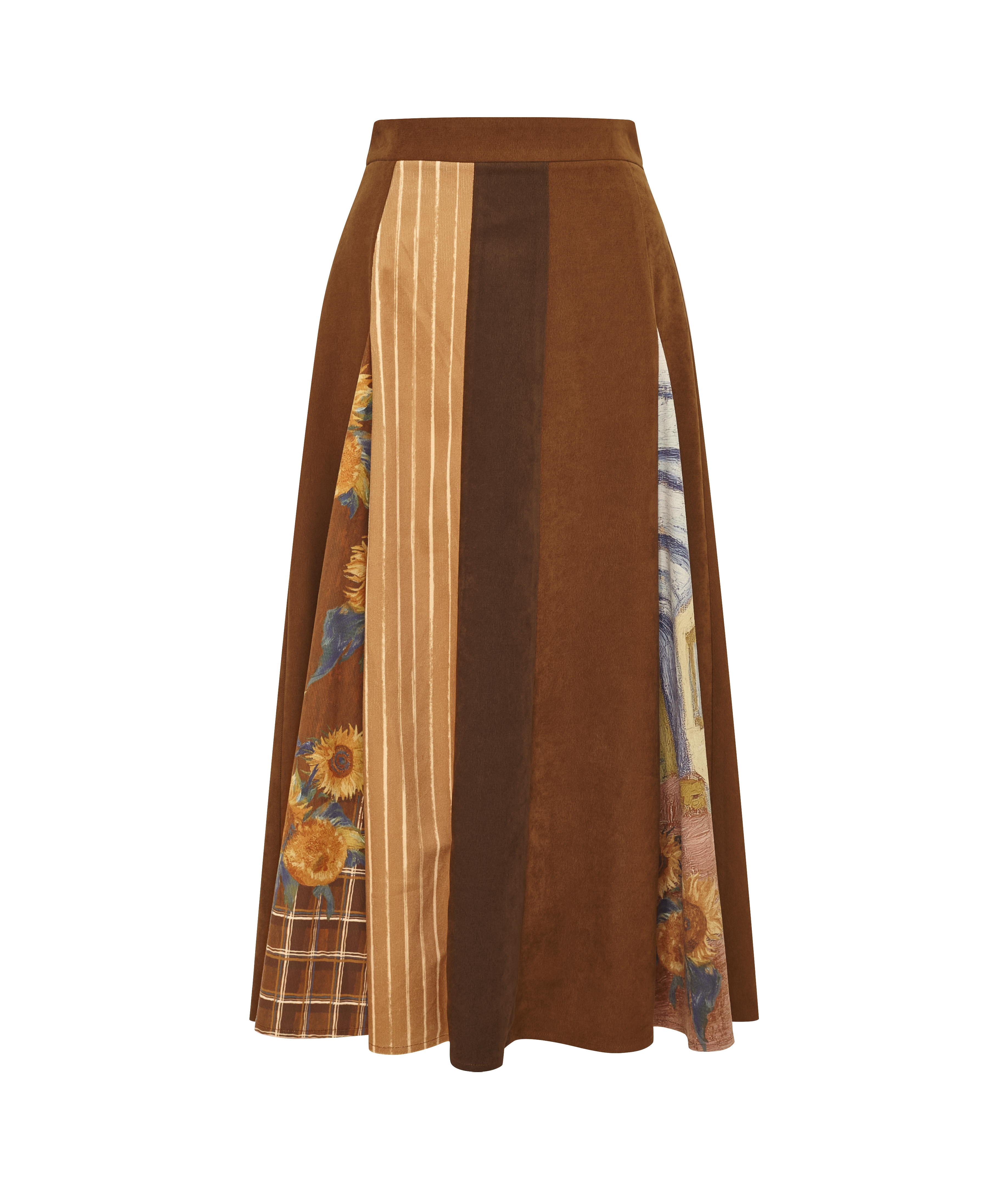 Brown-Toned Patchwork Slit Skirt-LYONSENS