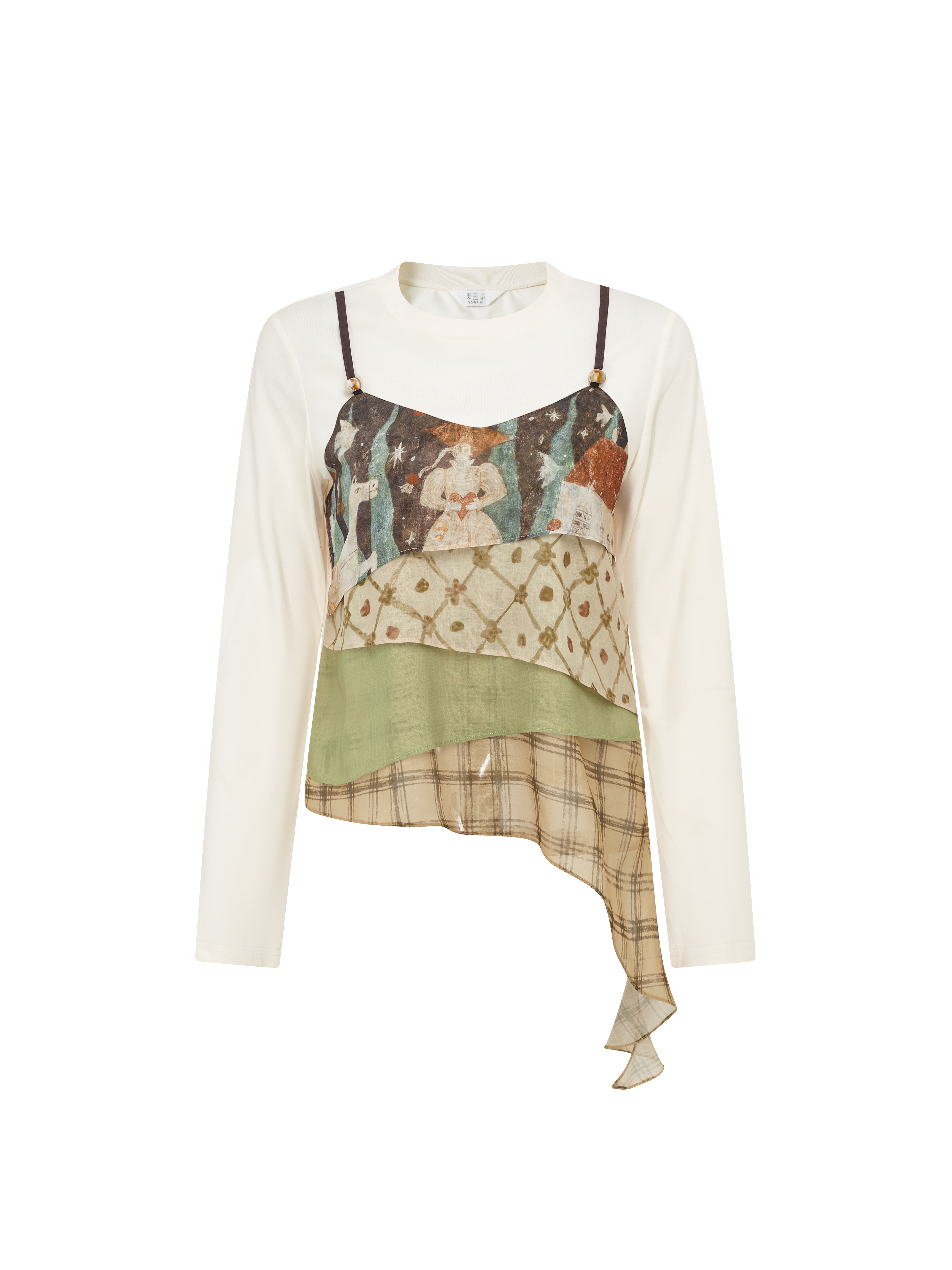 Floral Spaghetti Strap Layered Two-Piece Look Long Sleeve T-Shirt-LYONSENS