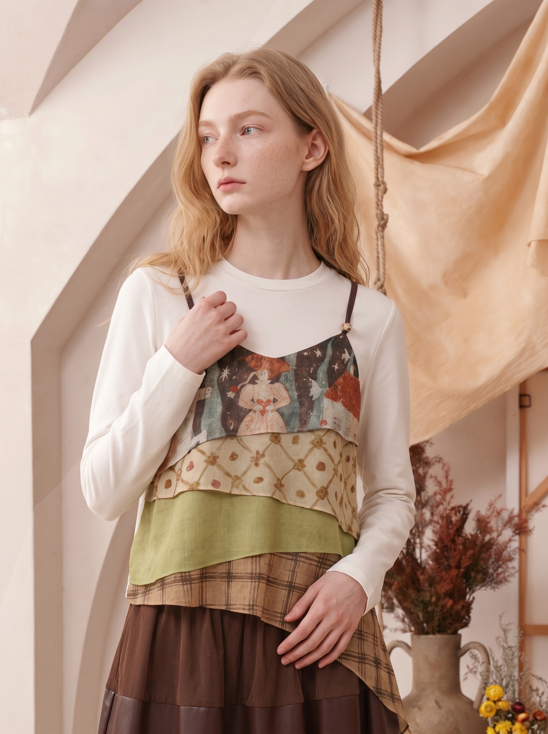 Floral Spaghetti Strap Layered Two-Piece Look Long Sleeve T-Shirt-LYONSENS