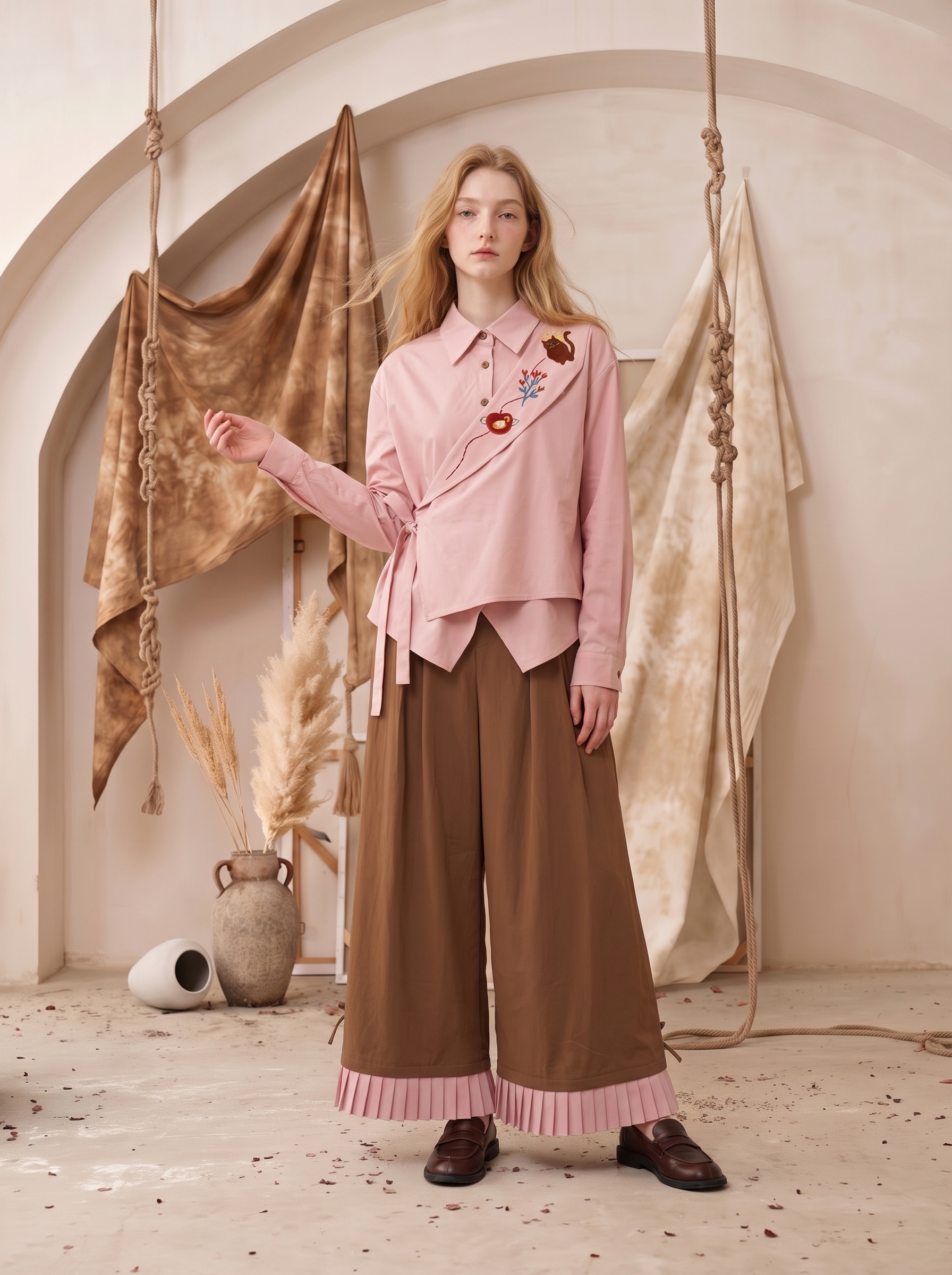 Turn-Down Collar Shirt and Lace-Trimmed Skirt Two-Piece Set-LYONSENS