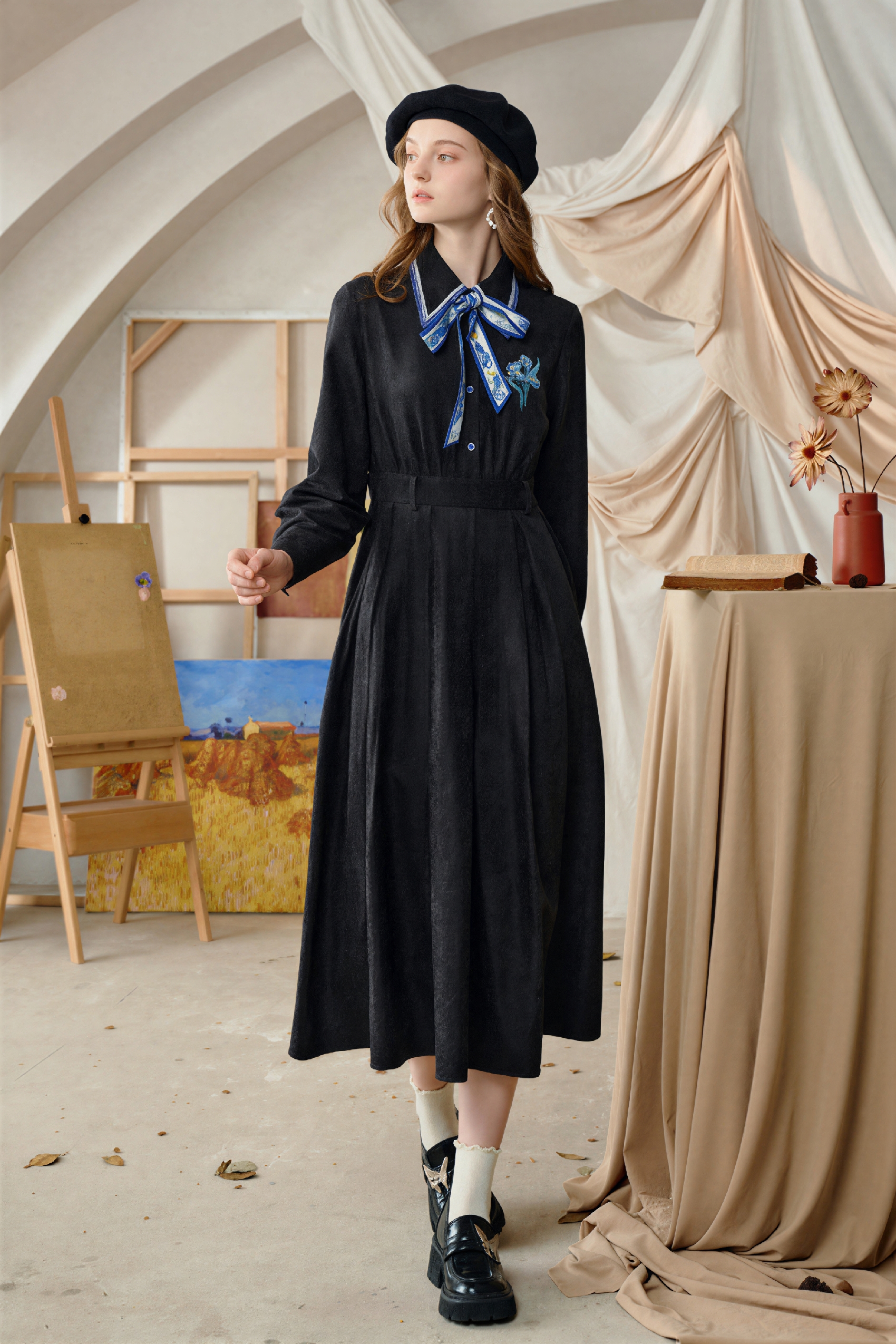 Printed Tie-Neck A-Line Long-Sleeve Dress