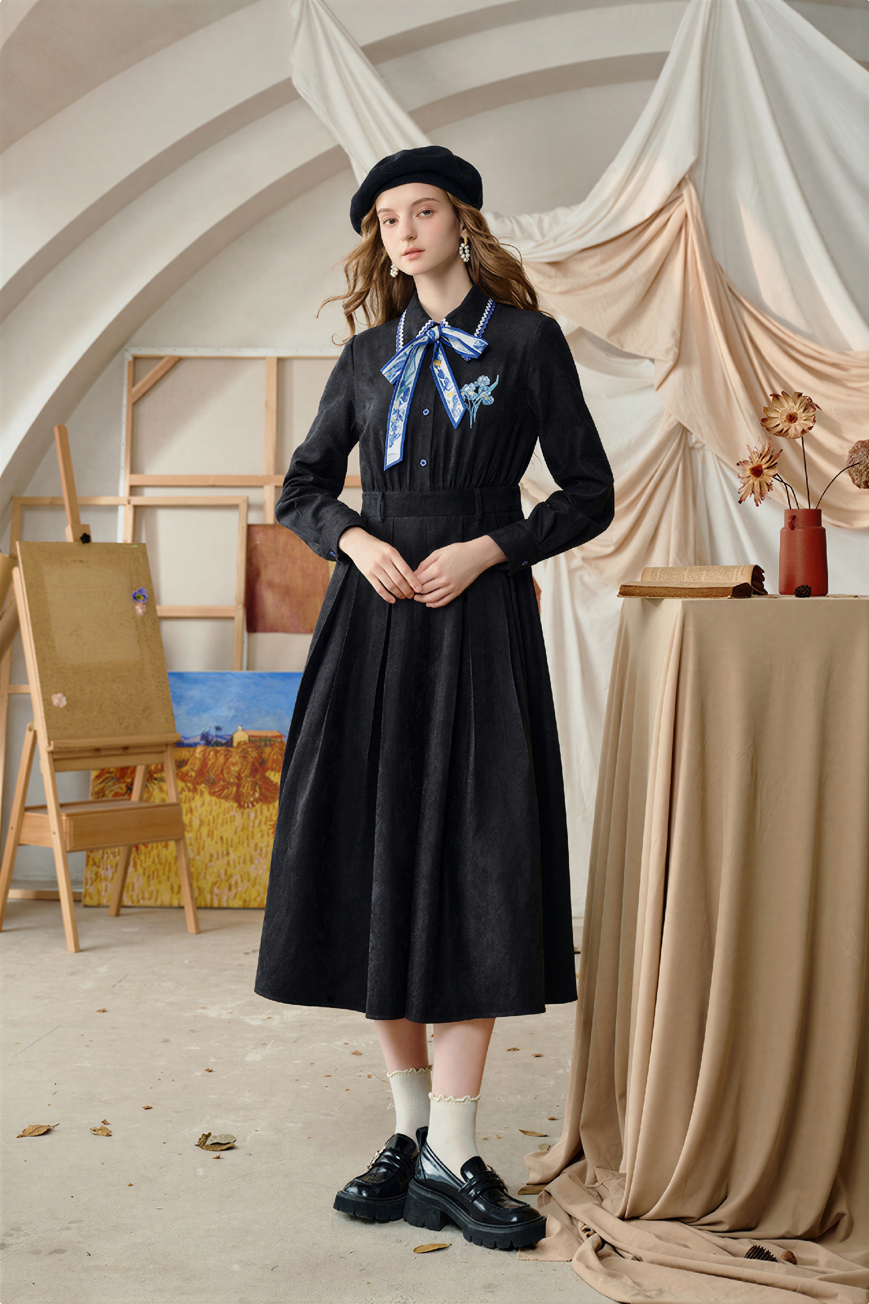 Printed Tie-Neck A-Line Long-Sleeve Dress
