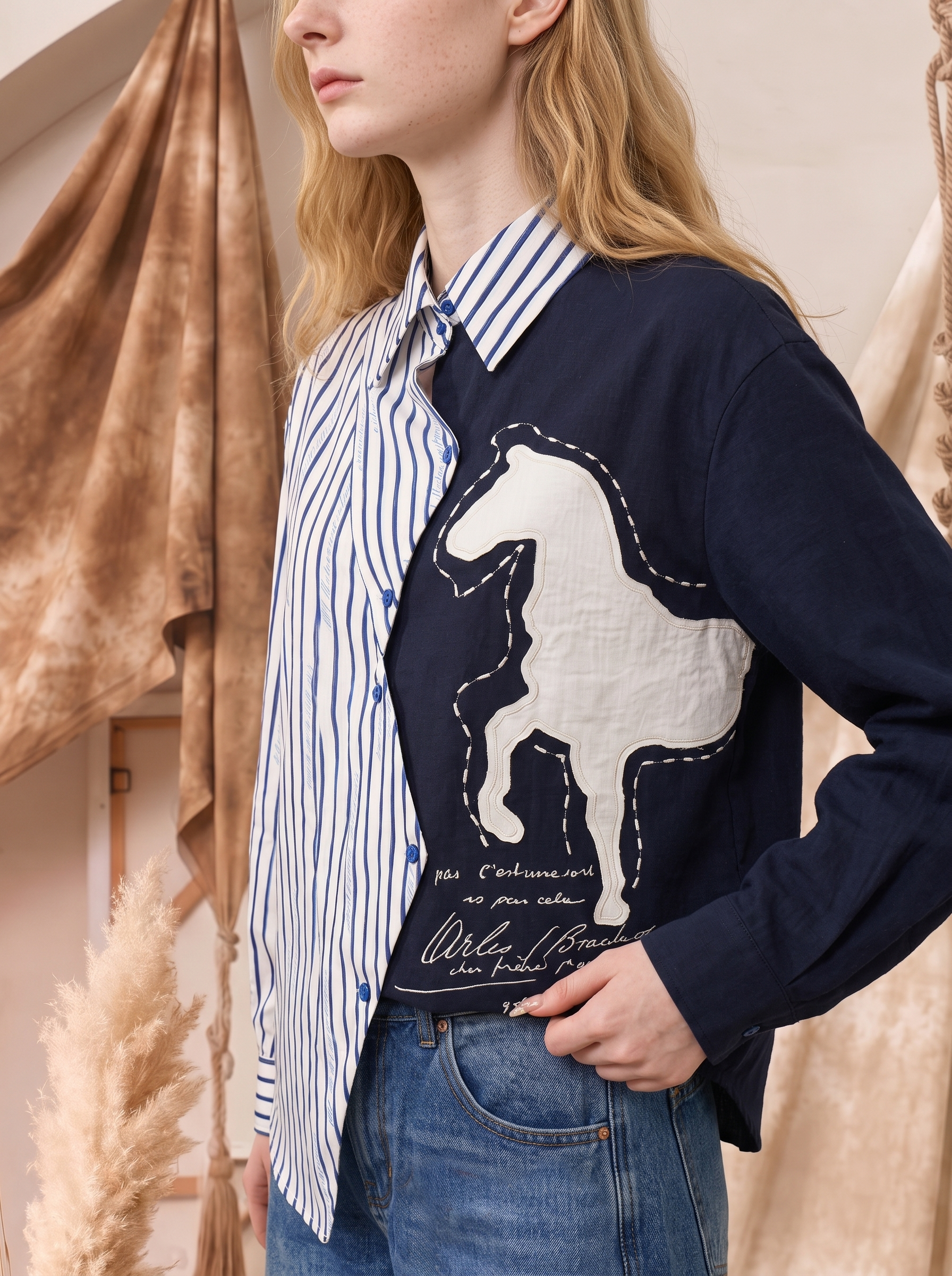 Patchwork Long Sleeve Cropped Shirt-LYONSENS