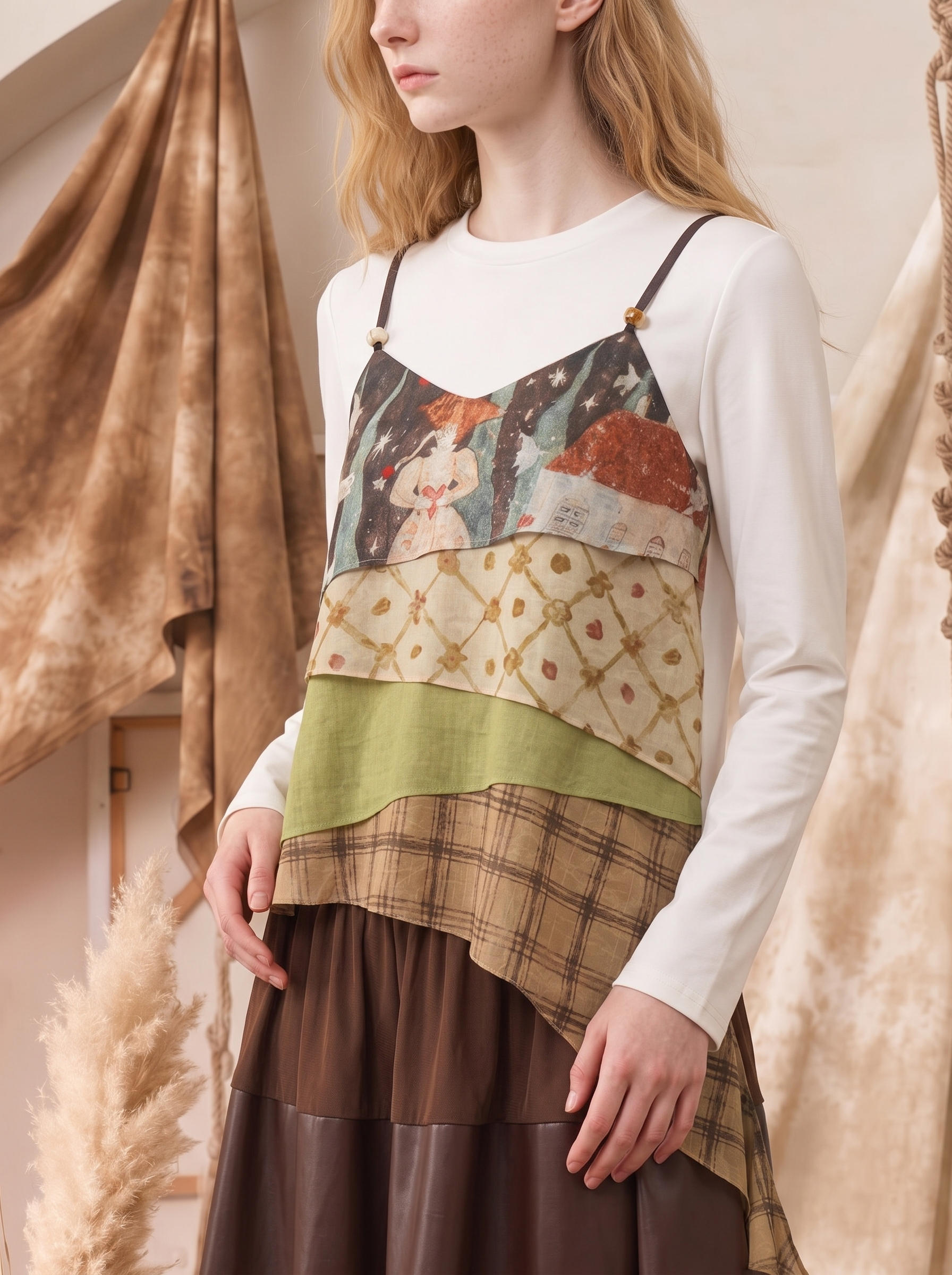 Floral Spaghetti Strap Layered Two-Piece Look Long Sleeve T-Shirt-LYONSENS