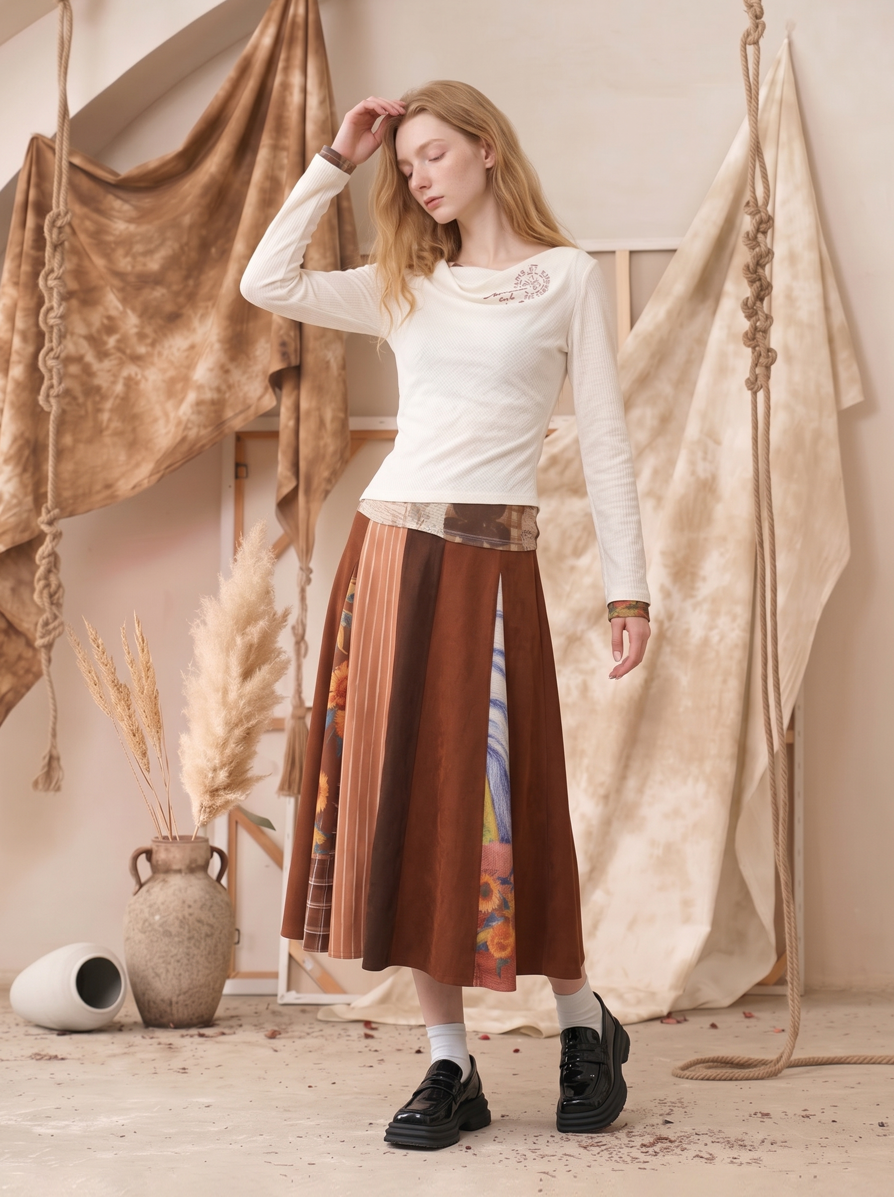 Brown-Toned Patchwork Slit Skirt-LYONSENS