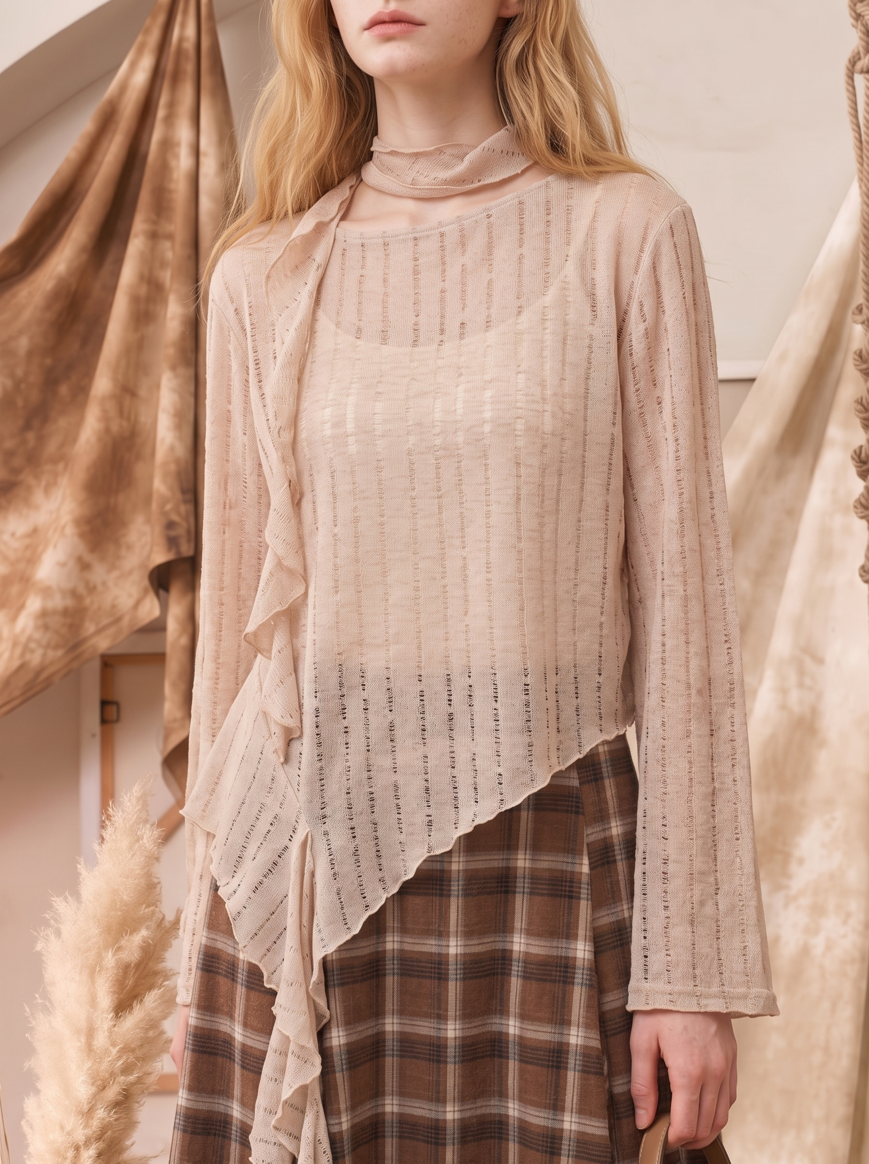 Vintage Lace-Up Open-Front Cropped Long Sleeve T-Shirt-LYONSENS