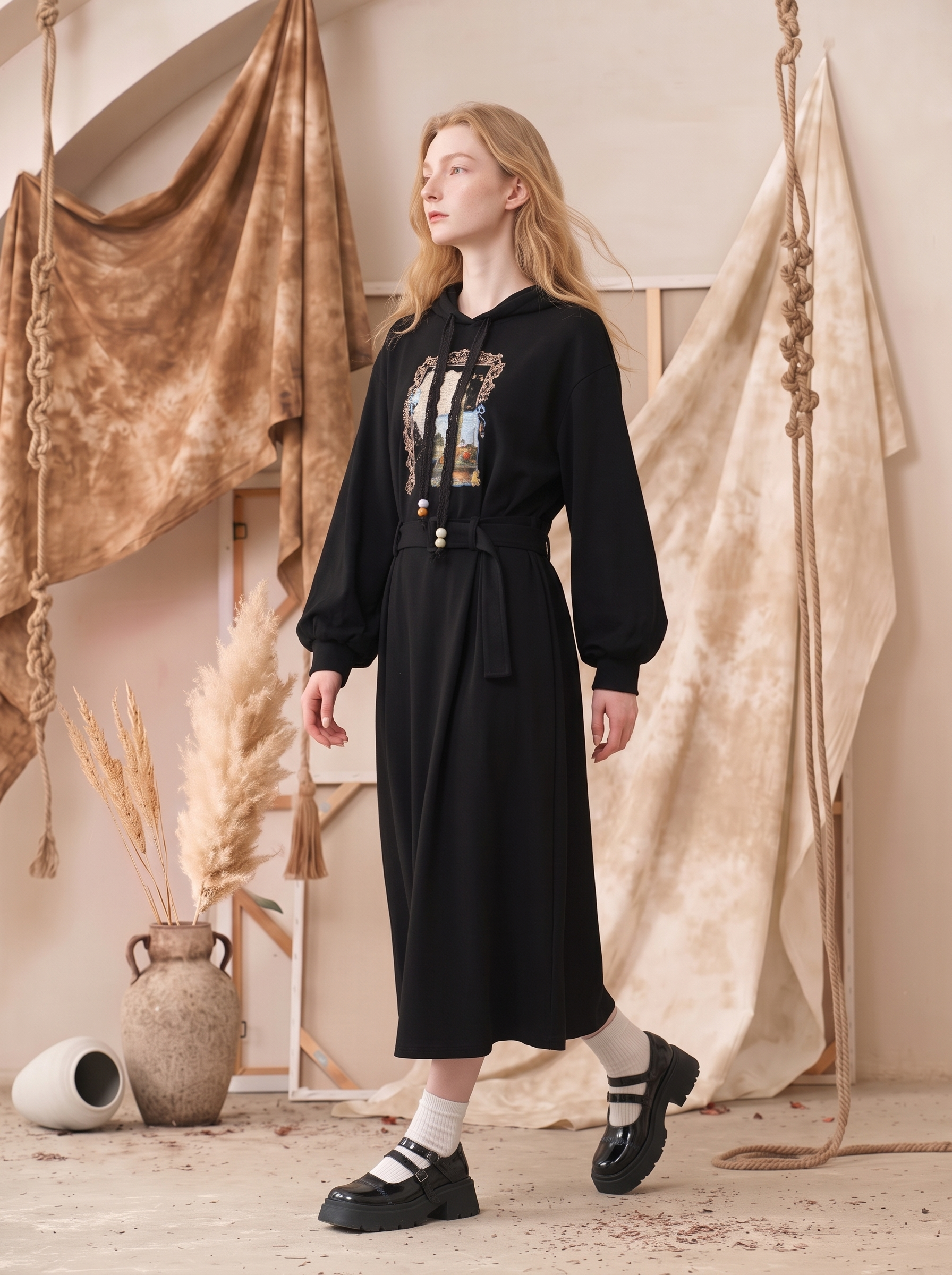 Sailor Collar Printed Waist-Defining Dress-LYONSENS