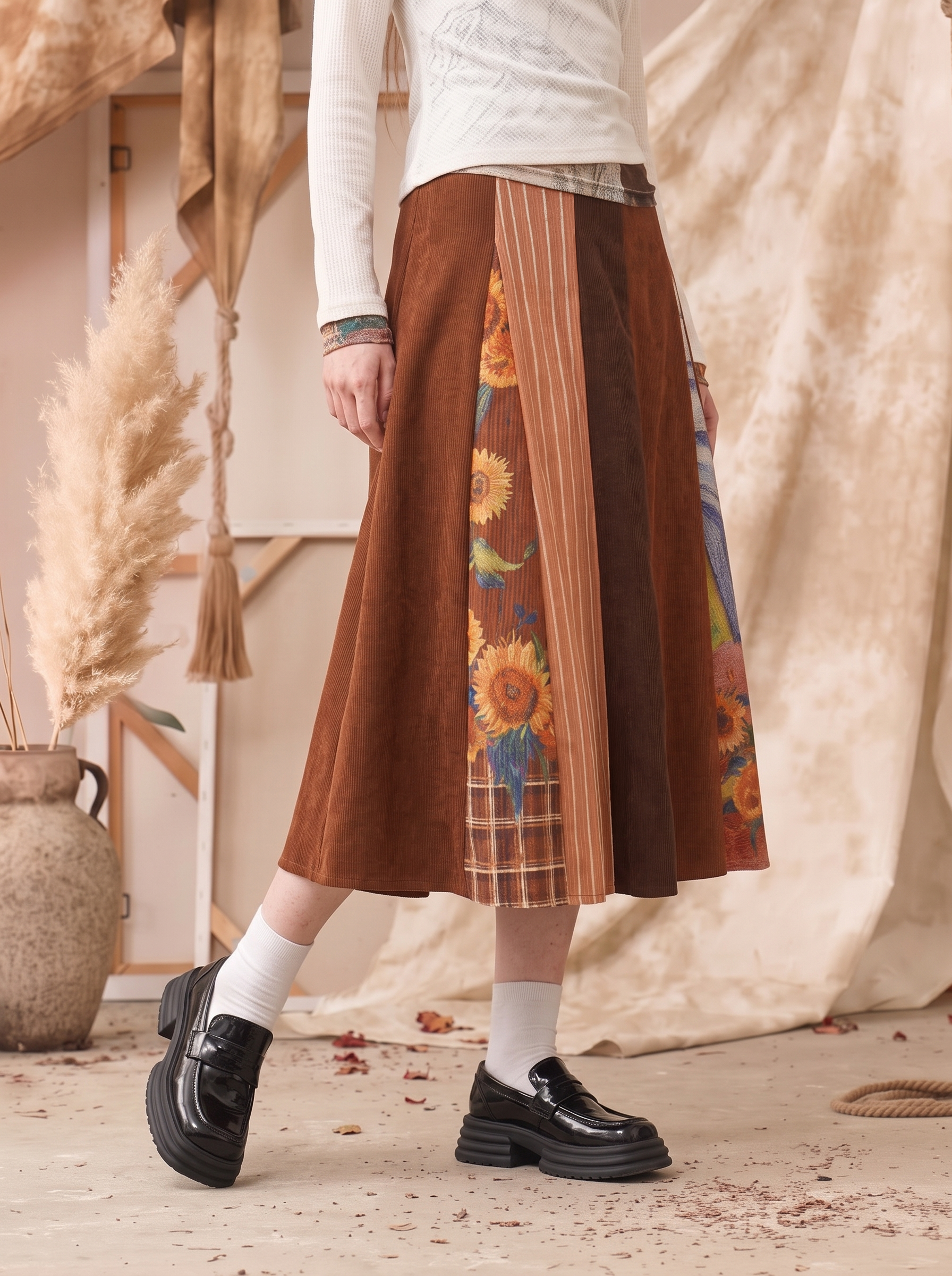 Brown-Toned Patchwork Slit Skirt-LYONSENS