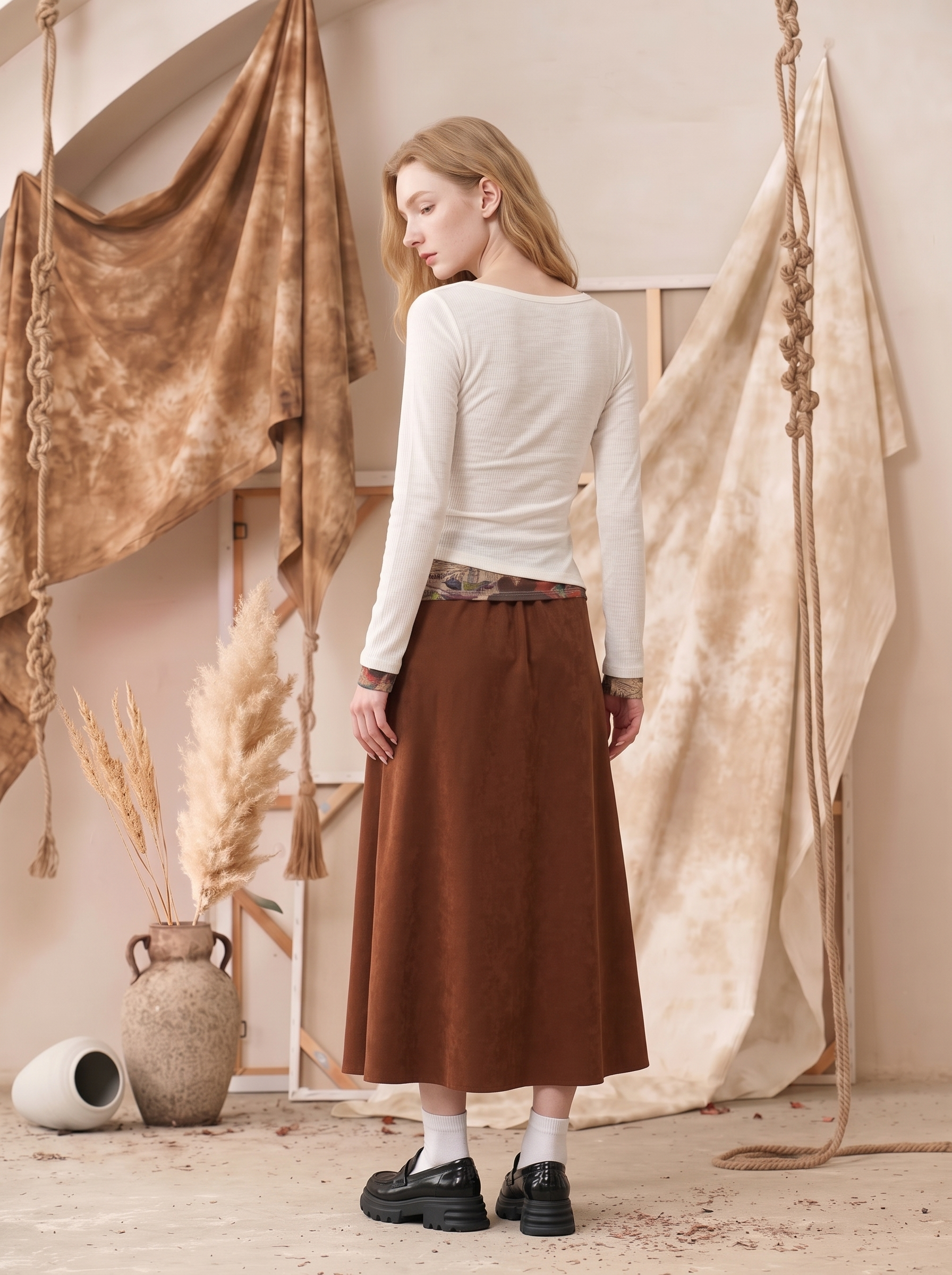 Brown-Toned Patchwork Slit Skirt-LYONSENS