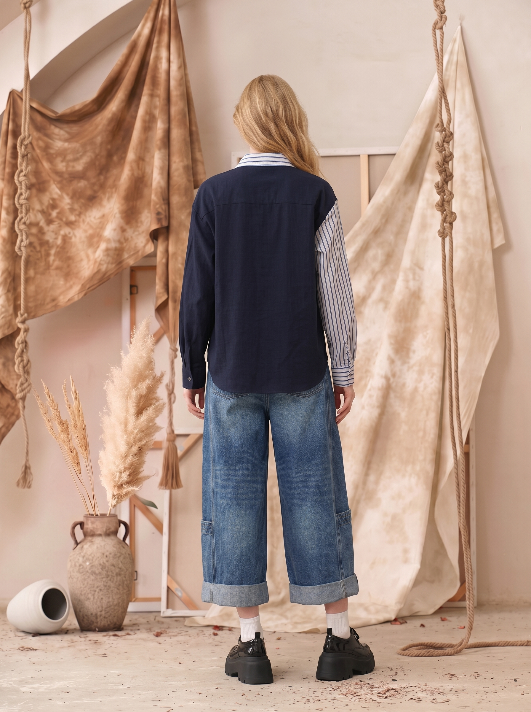 Patchwork Long Sleeve Cropped Shirt-LYONSENS