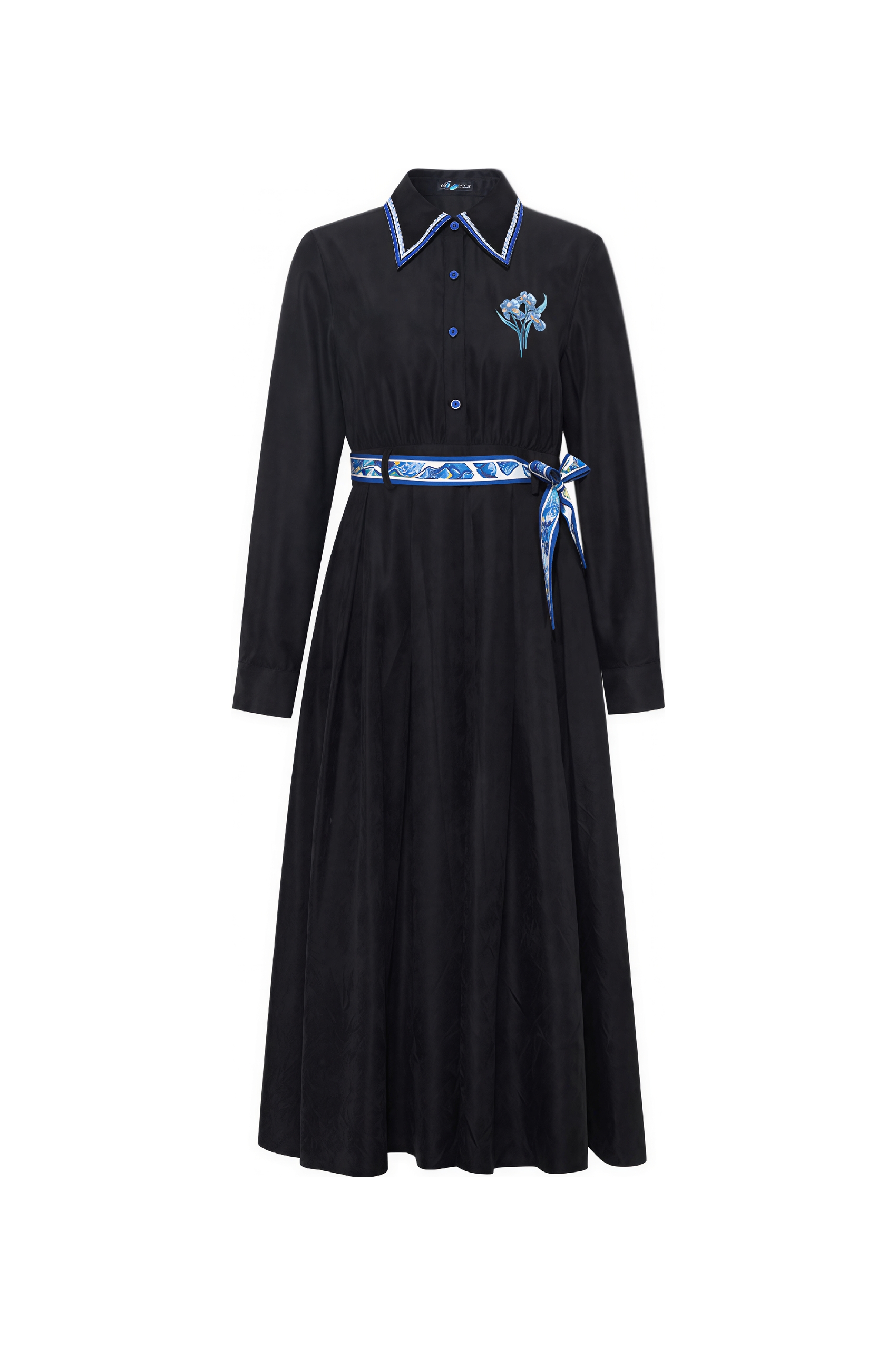 Printed Tie-Neck A-Line Long-Sleeve Dress