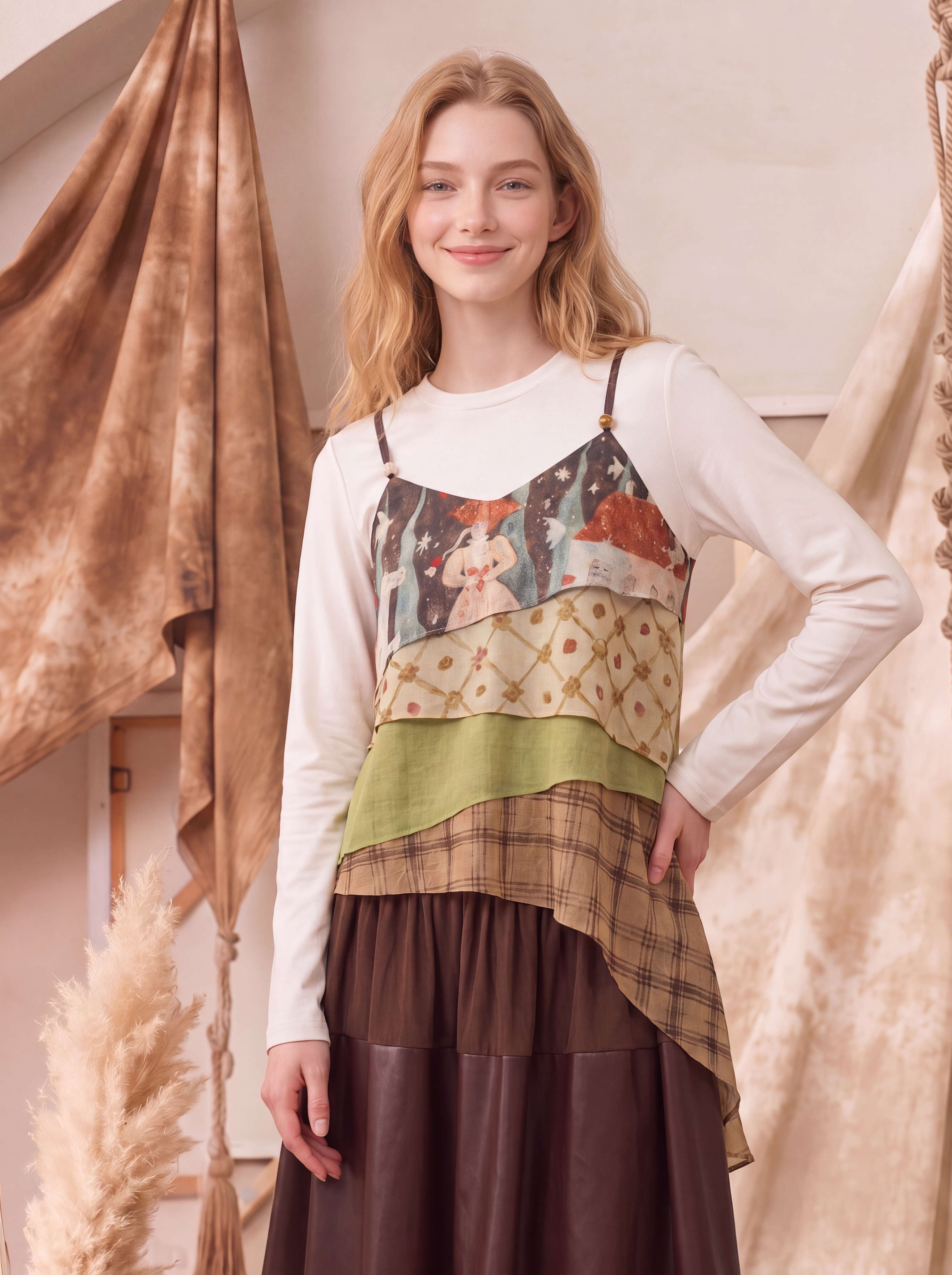 Floral Spaghetti Strap Layered Two-Piece Look Long Sleeve T-Shirt-LYONSENS