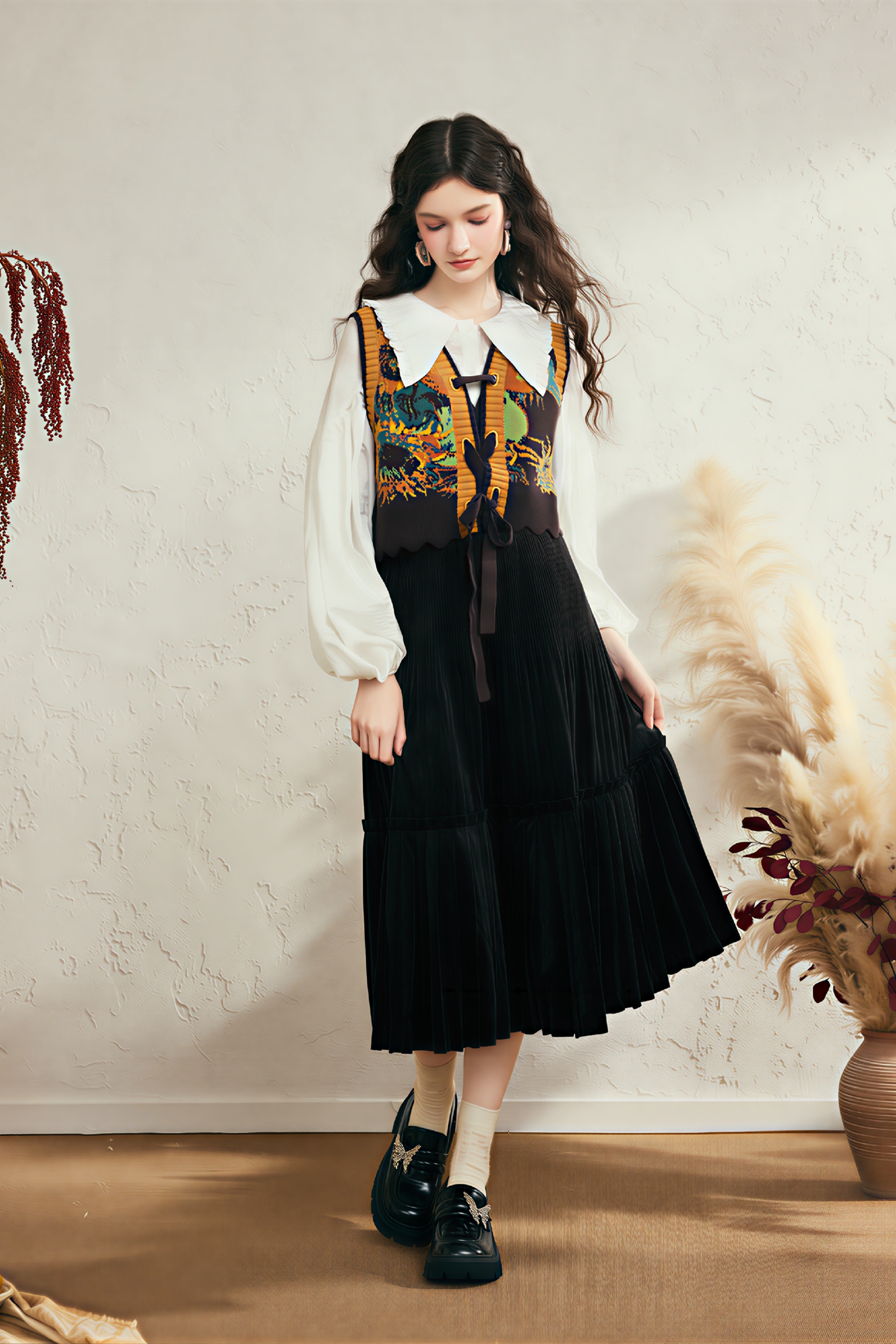 Black pleated midi skirt