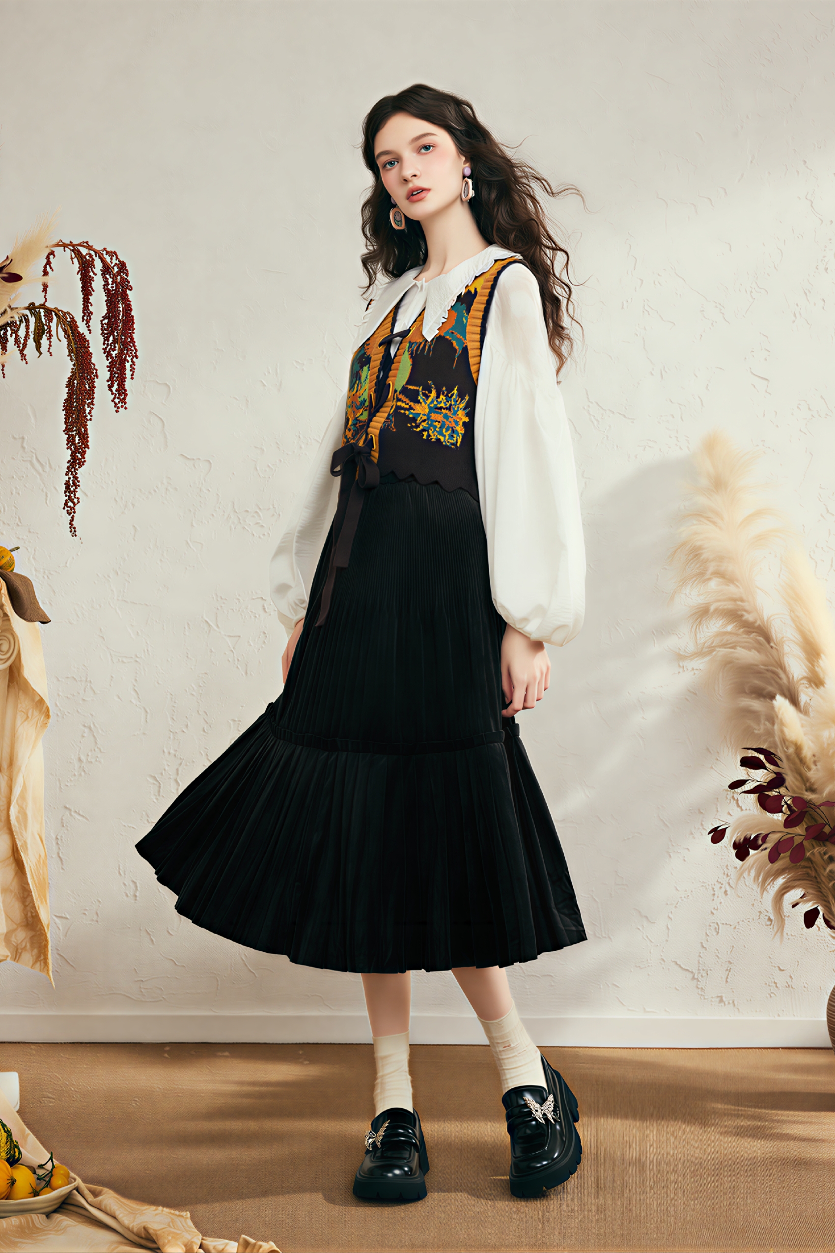 Black pleated midi skirt