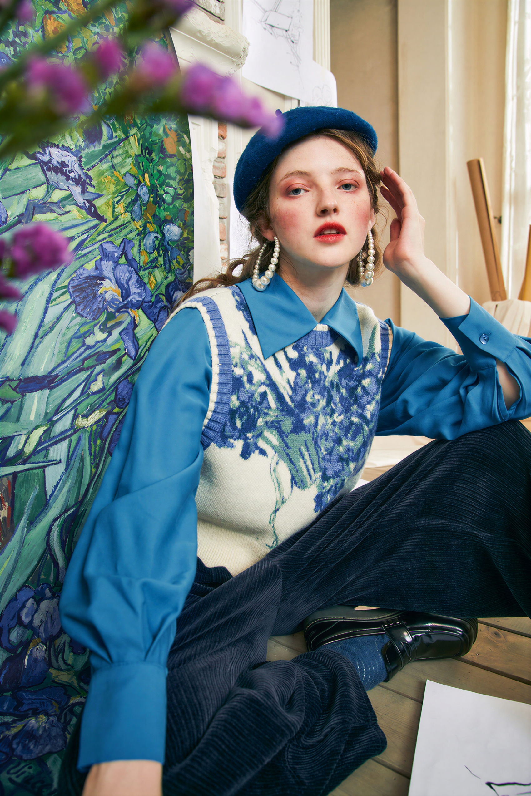 Vintage-style outer layer paired with a knitted sweater