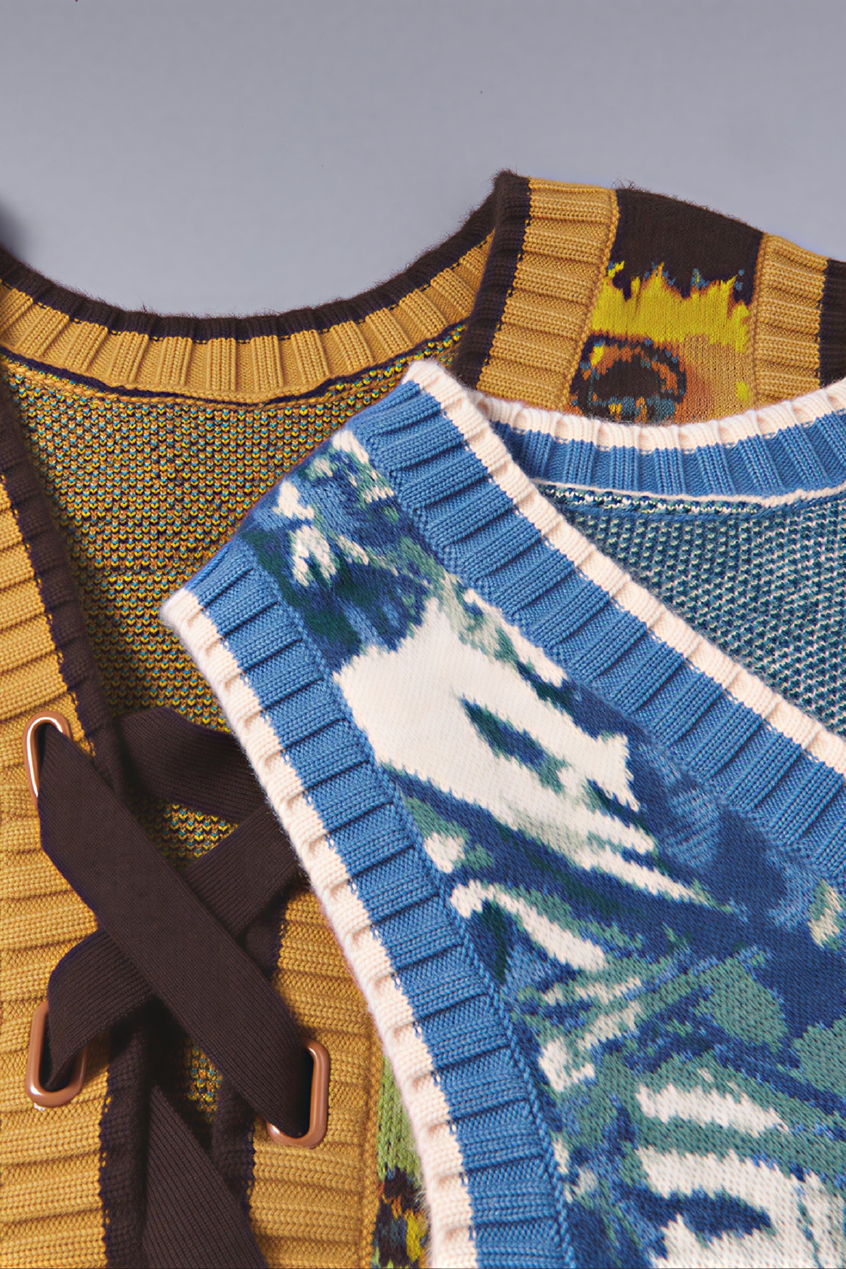 Vintage-style outer layer paired with a knitted sweater