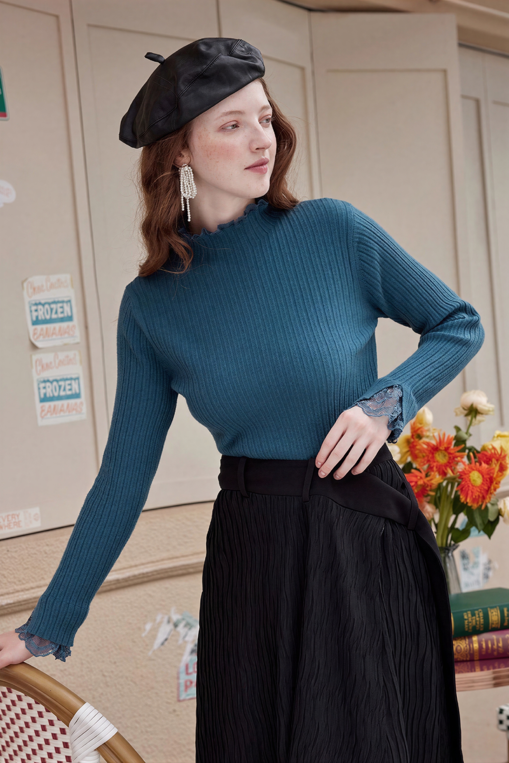 Van Gogh-Inspired Lace-Trim Knit Base Top