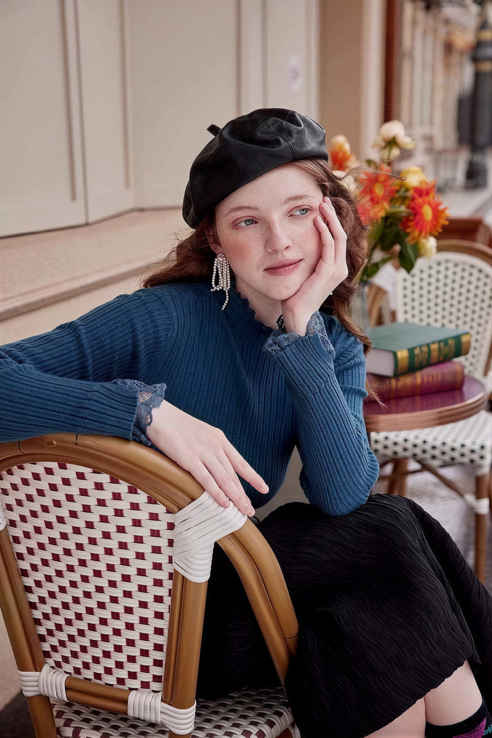 Van Gogh-Inspired Lace-Trim Knit Base Top