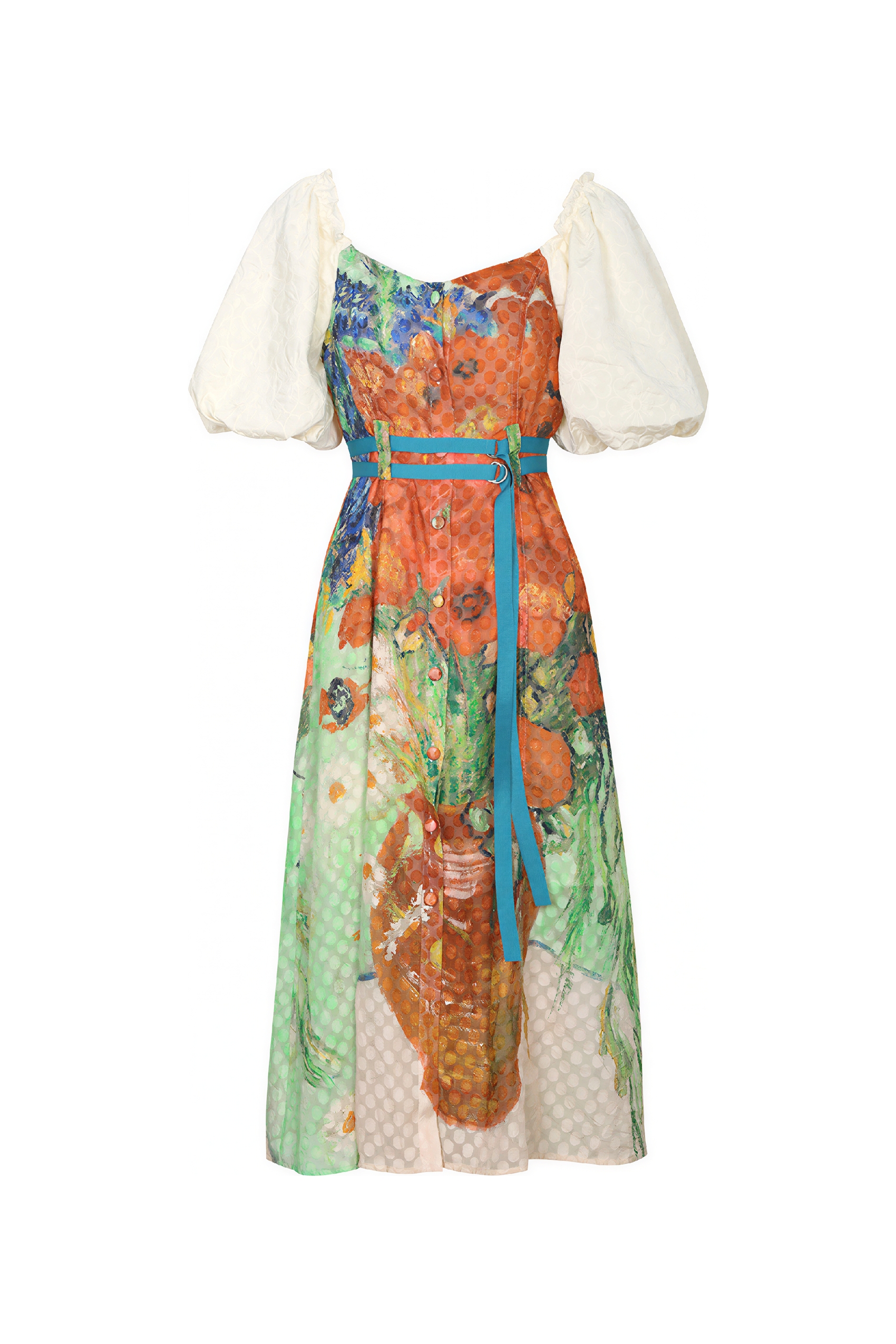 Van Gogh-Inspired Floral Waist-Defined Dress-LYONSENS