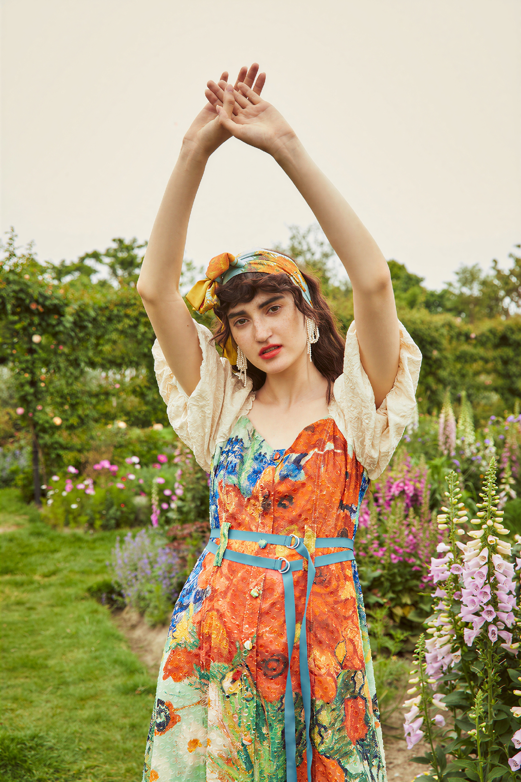 Van Gogh-Inspired Floral Waist-Defined Dress-LYONSENS