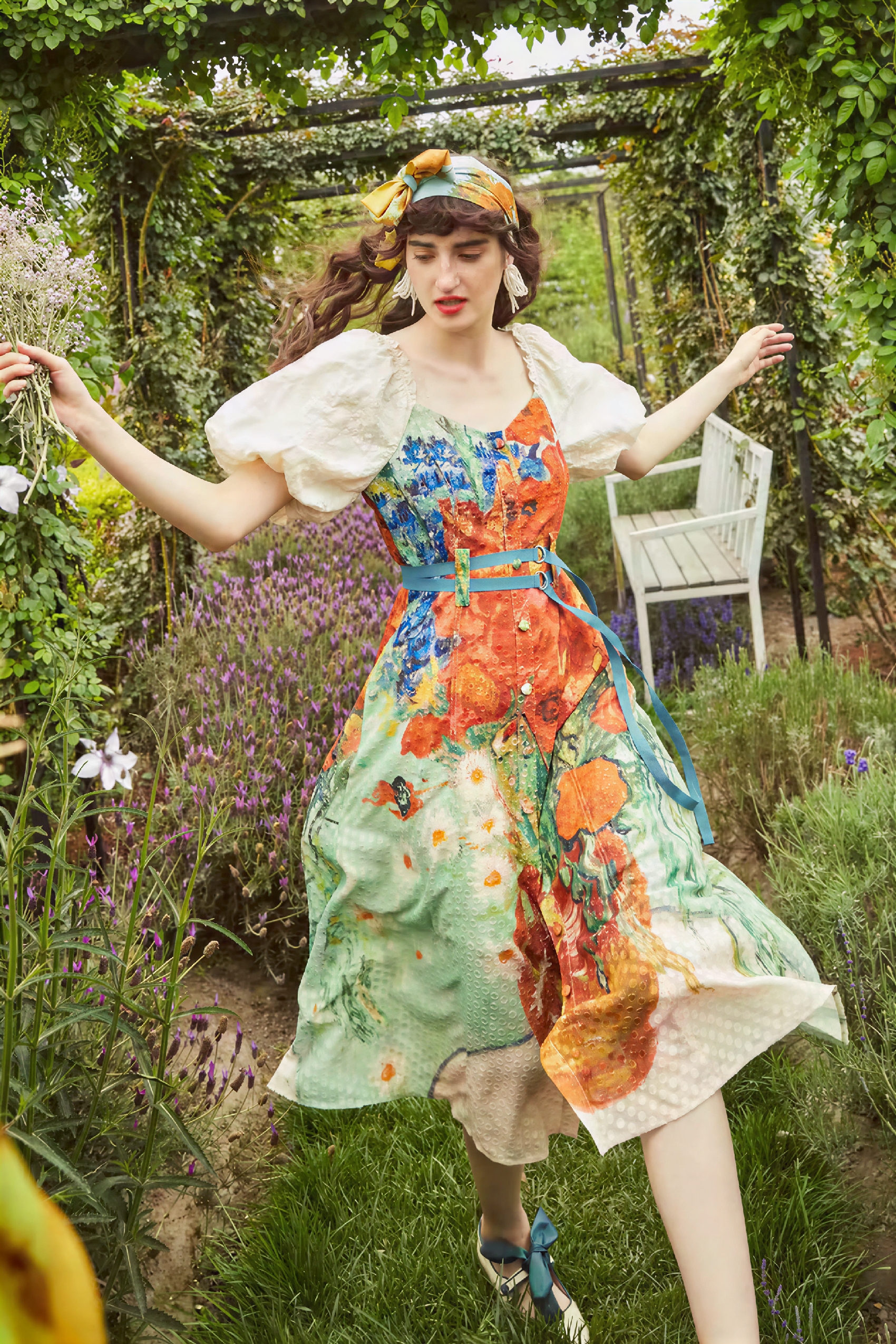 Van Gogh-Inspired Floral Waist-Defined Dress-LYONSENS