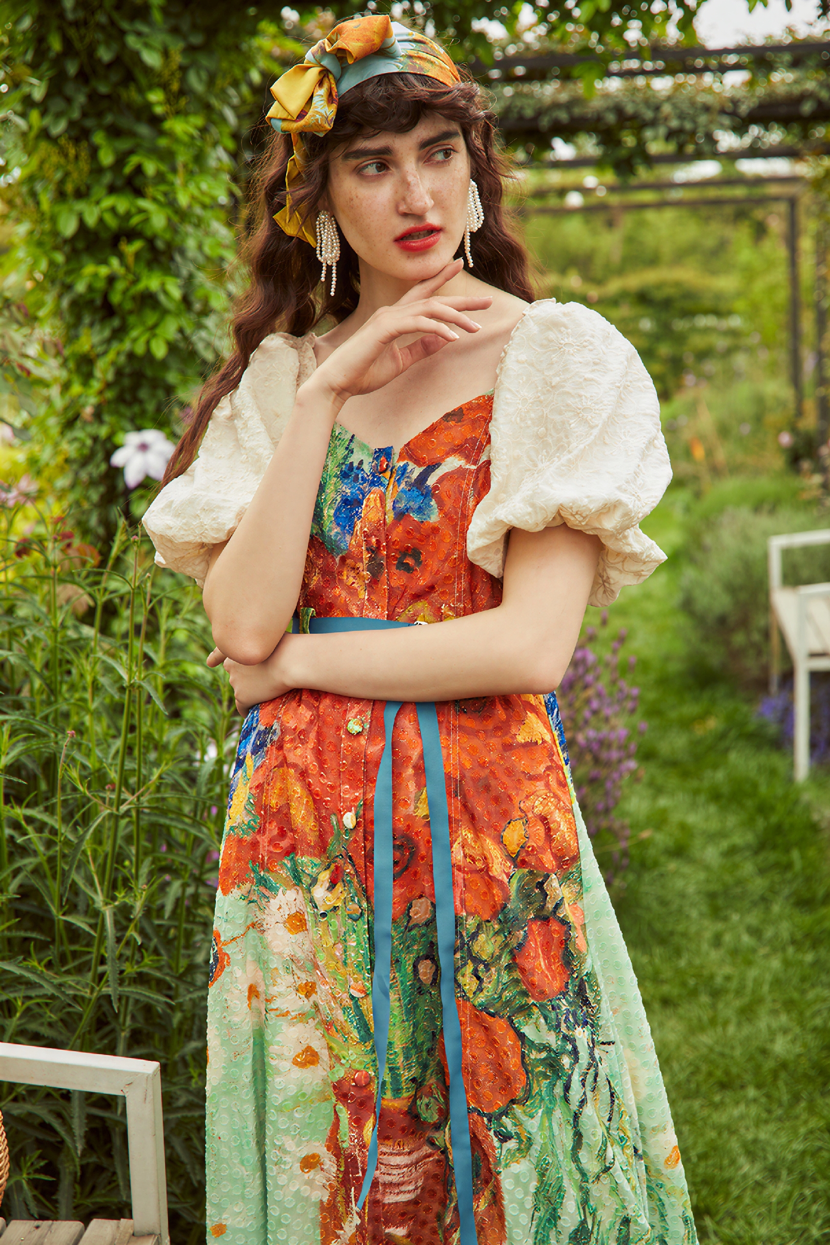 Van Gogh-Inspired Floral Waist-Defined Dress-LYONSENS